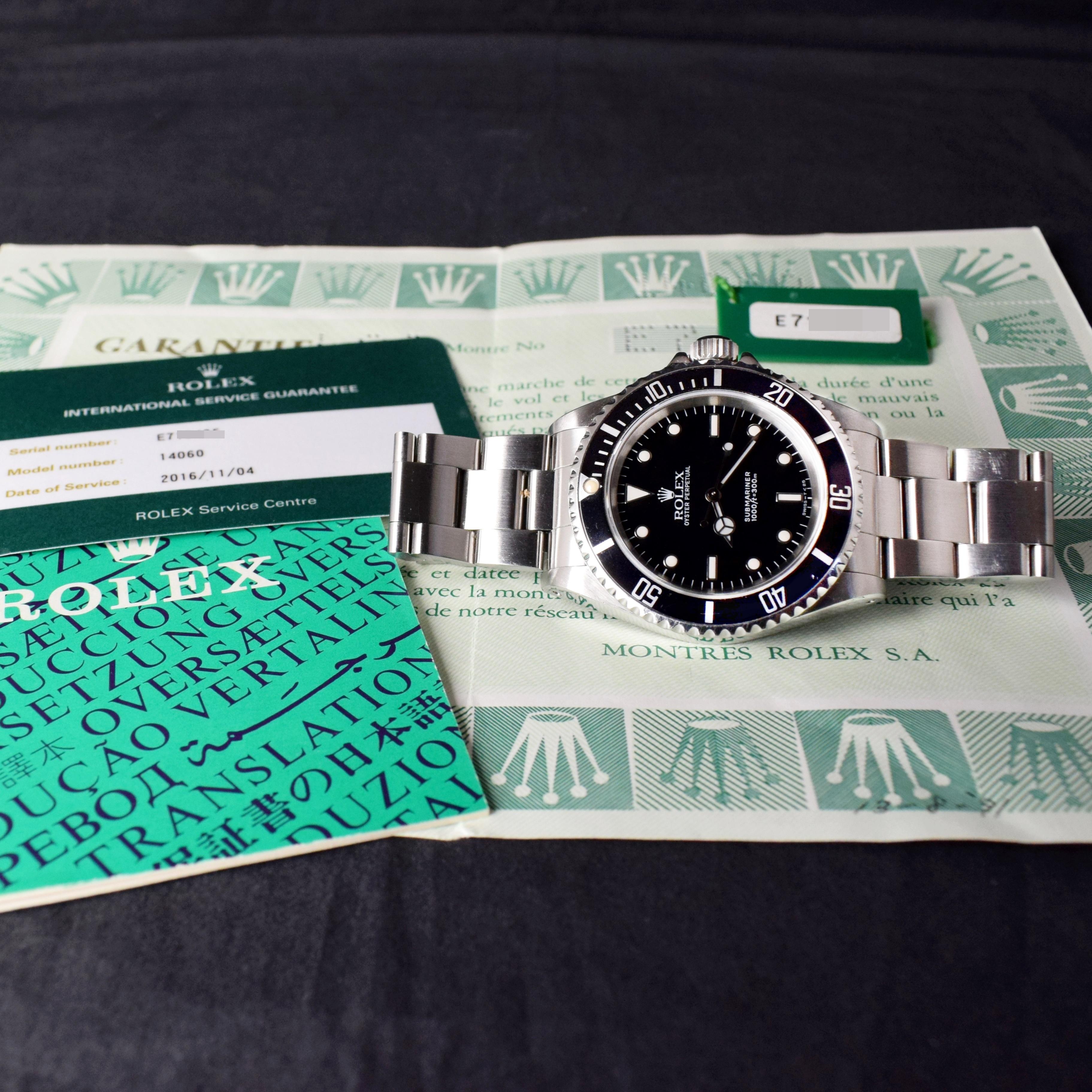 Brand: Rolex
Model: 14060
Year: 1990
Serial number: E7xxxxx
Reference: C03657
Case: Show sign of wear with slight polished from previous w/ inner case back stamped 14060
Dial: Excellent Condition Black Tritium Dial w/ luminova hands
Bracelet: 93150