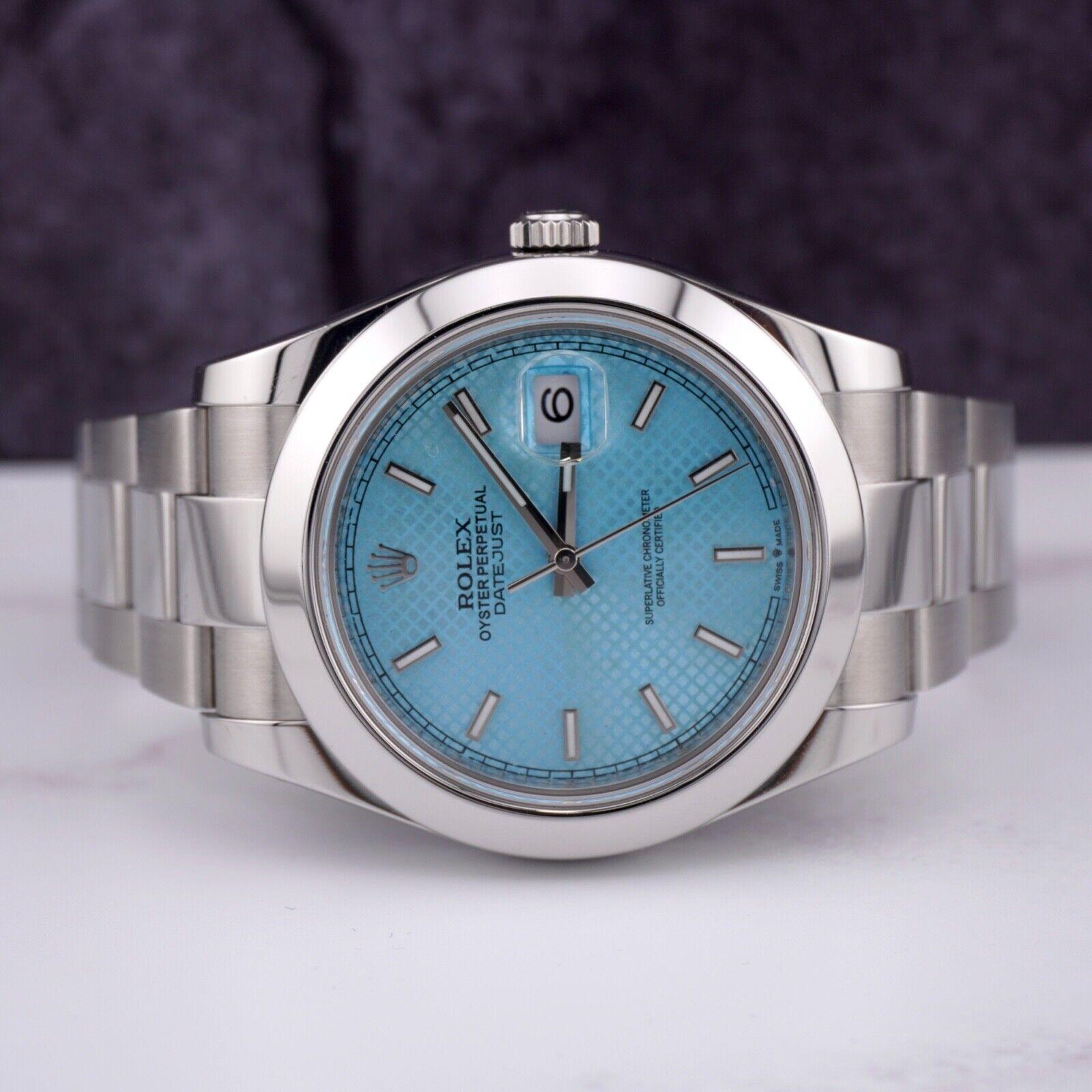 Rolex Datejust 41mm Watch. A Pre-owned watch w/ Original Box and 2013 Papers. Watch is 100% Authentic and Comes with Authenticity Card. Watch Reference is 116300 and is in Excellent Condition (See Pictures). The Dial color is Ice-Blue and material