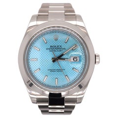 Used Rolex 41mm Datejust II Ice Blue Stick Dial Oyster Stainless Steel Watch 116300