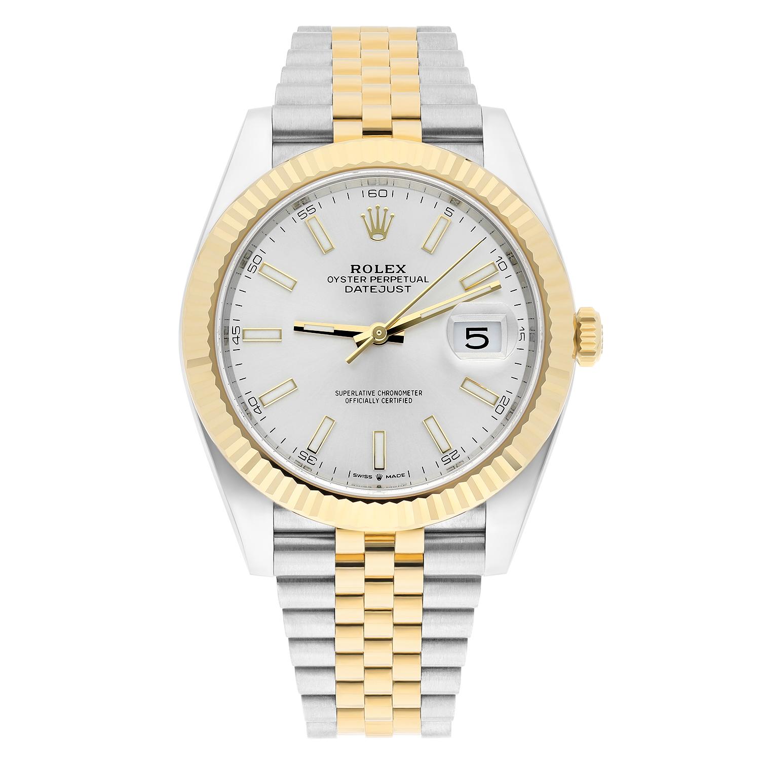 This Rolex Datejust wristwatch is a luxurious and sporty timepiece that exudes elegance and style. Crafted from high-quality stainless steel and 18K yellow gold, this watch features a 41mm case size with a fluted bezel, luminous hands, and indexes,