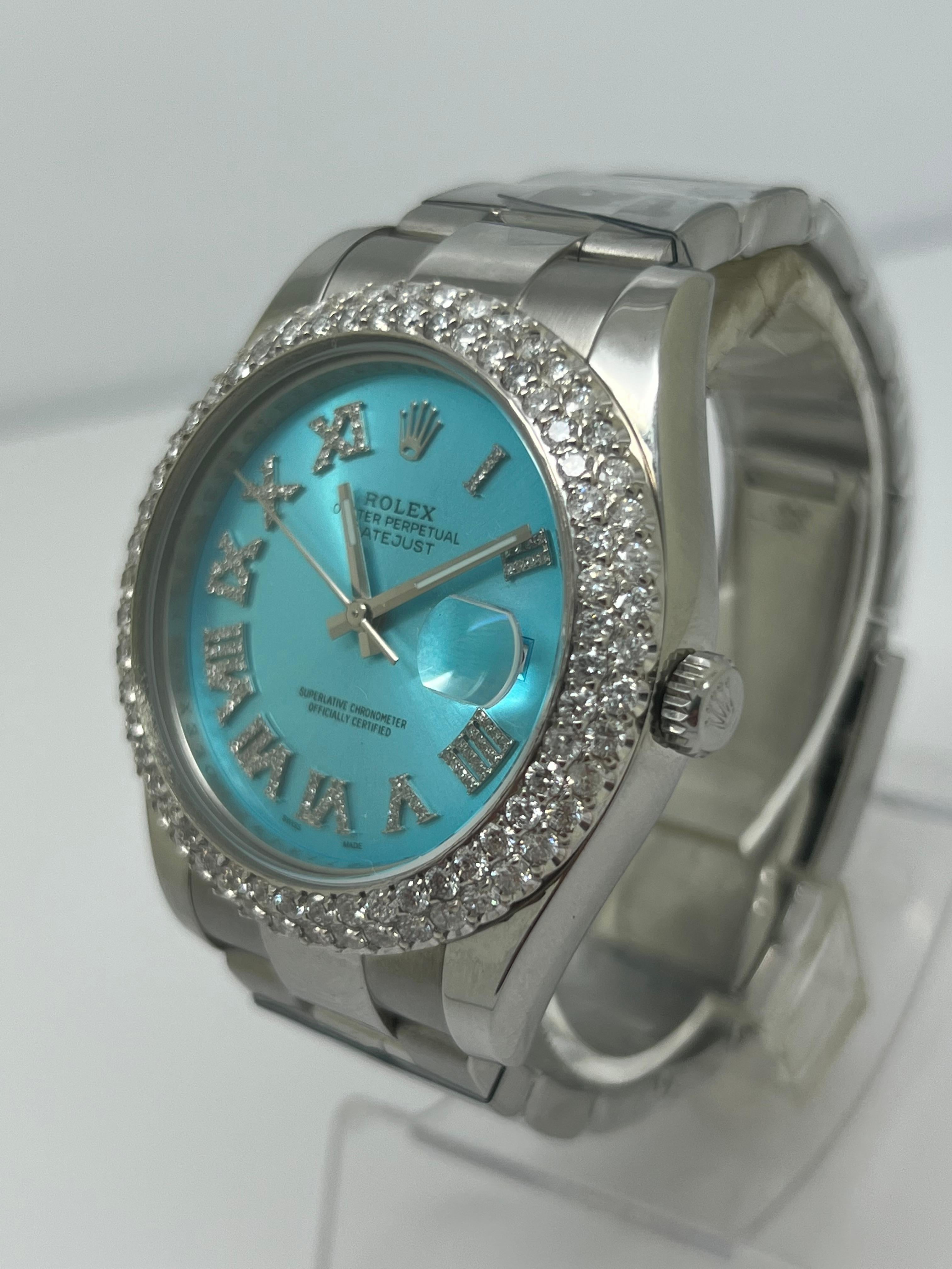 Art déco Rolex Montre avec cadran romain turquoise et lunette en diamants de 3 carats en vente