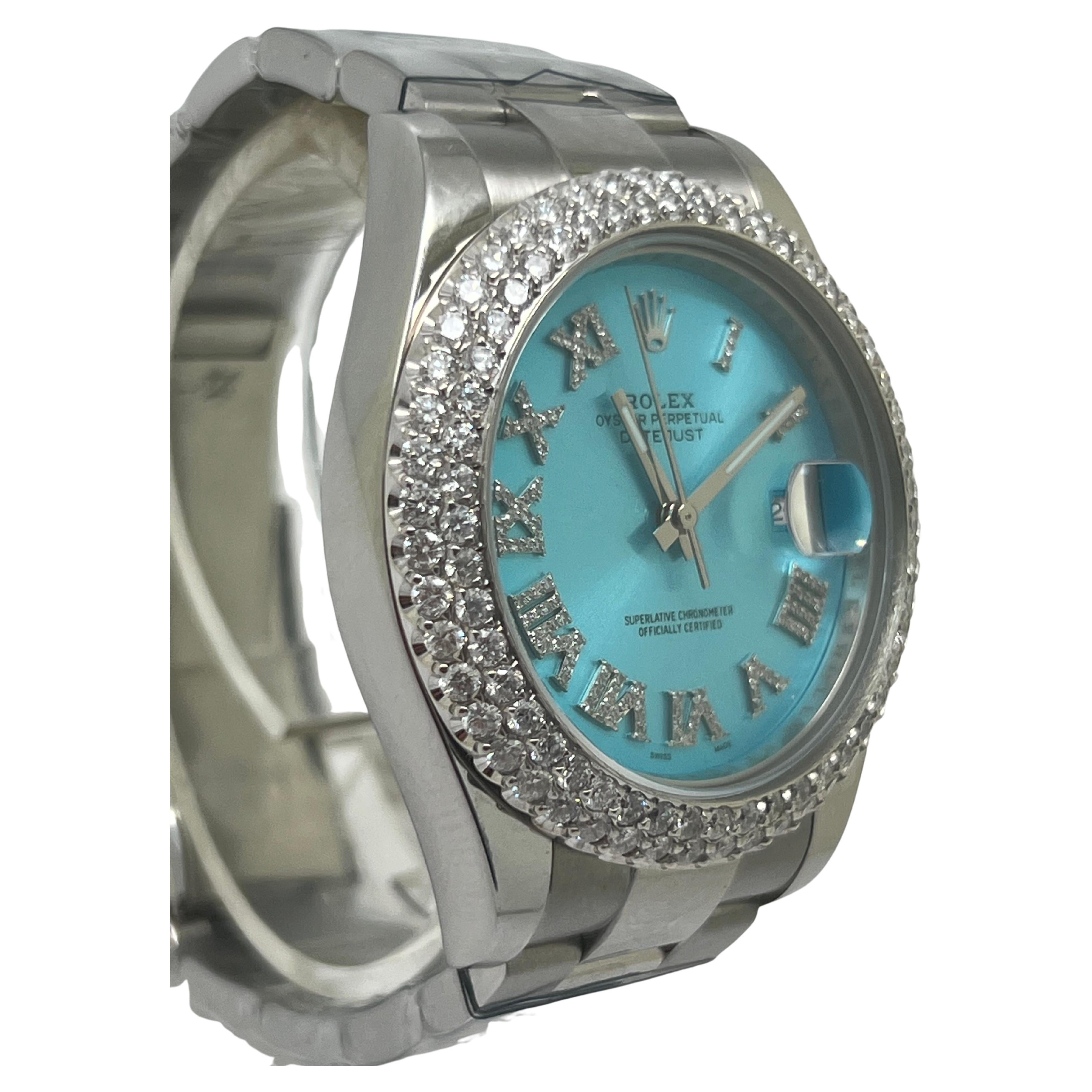 Rolex Montre avec cadran romain turquoise et lunette en diamants de 3 carats en vente