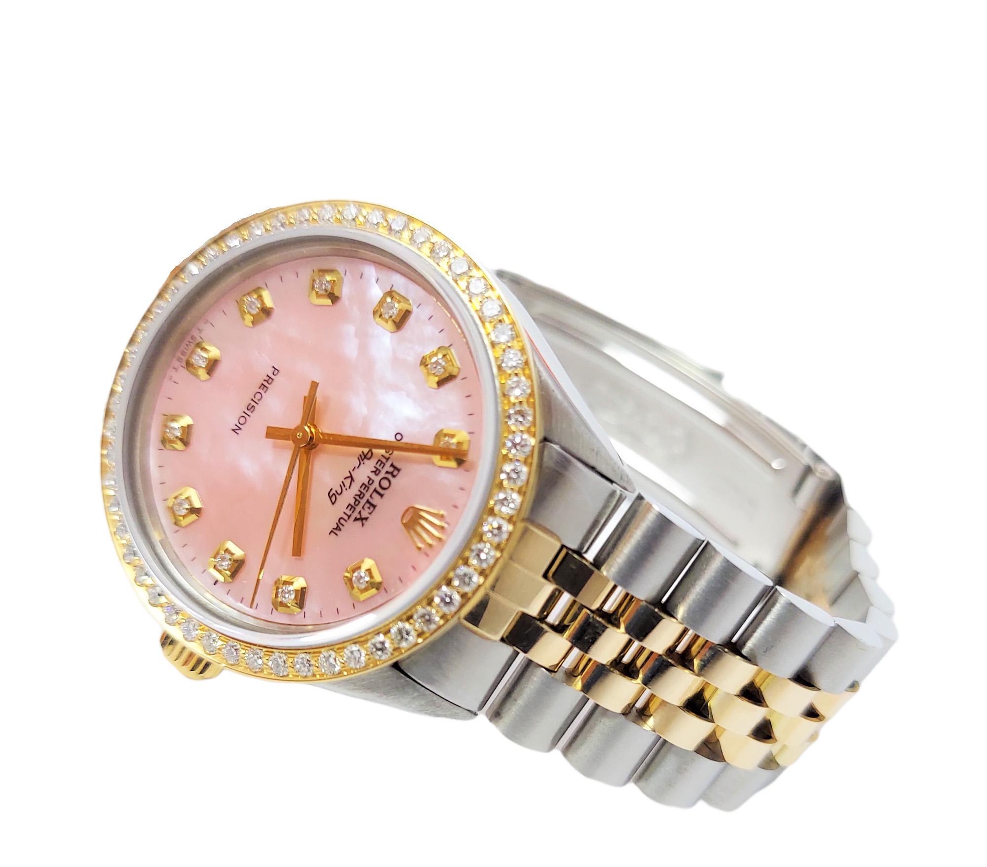 Brand - Rolex
Gender - Unisex
Model - 5500-AIR KING
Condition - pre owned
Metals - Stainless steel
Case size - 34 mm
Bezel - Steel Gold plated 1CT diamond
Crystal - sapphire
Movement - Automatic cal 1570
Dial - Refinished Mother of pearl pink