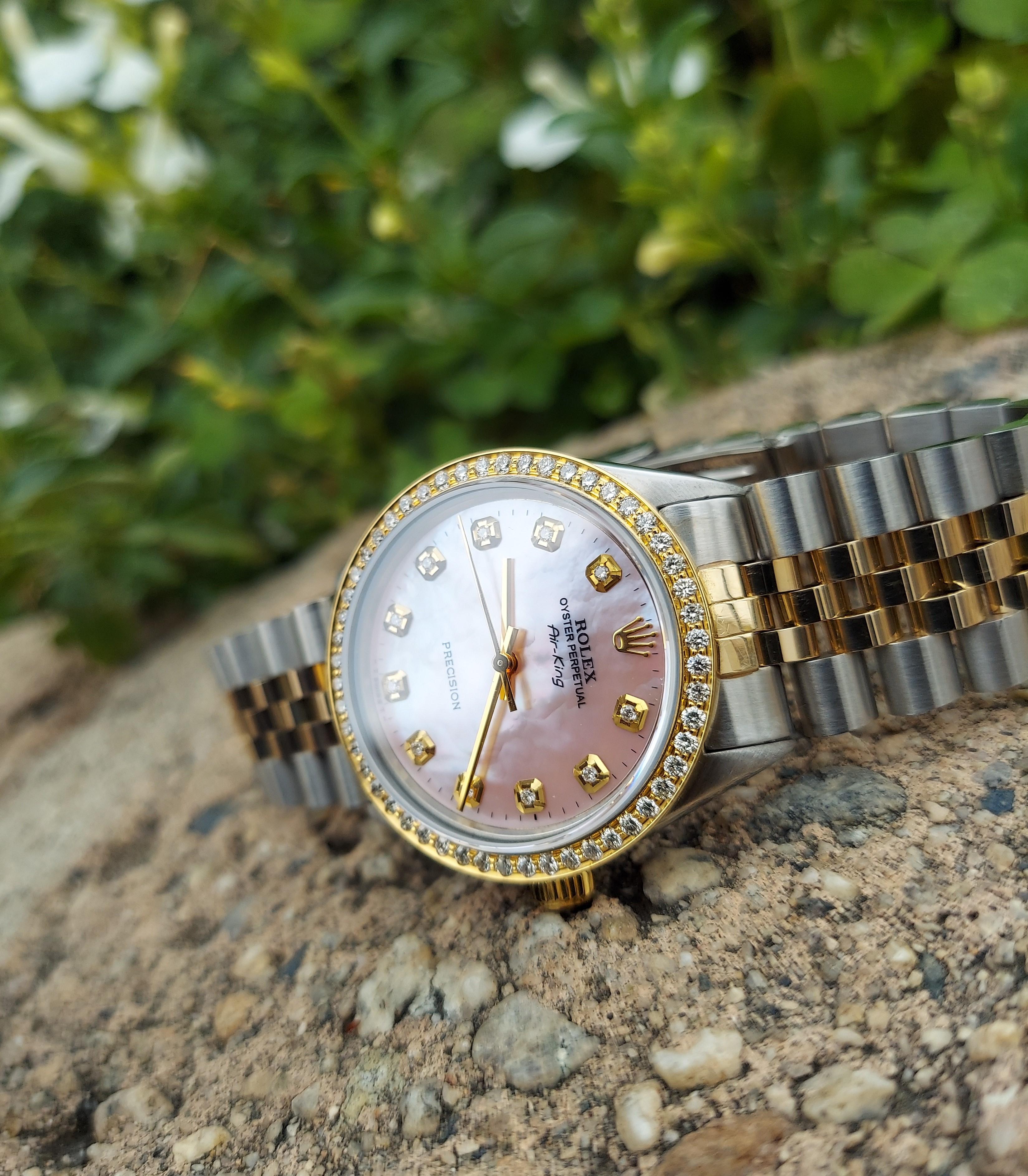 Round Cut Rolex 5500 Air-King Pink MOP Diamond For Sale