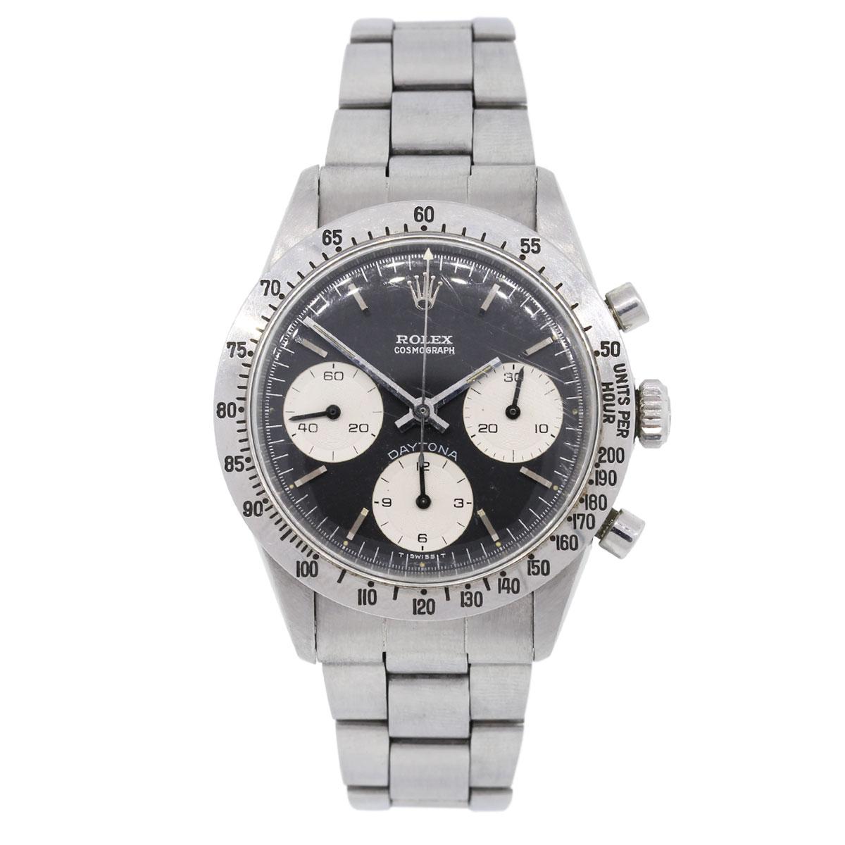 Brand: Rolex
MPN: 6262
Model: Daytona
Case Material: Stainless Steel
Case Diameter: 36.5mm
Crystal: Plastic
Bezel: Stainless steel engraved bezel
Dial: Black chronograph dial
Bracelet: Stainless steel oyster band
Size: Will fit a 7″ wrist
Clasp: