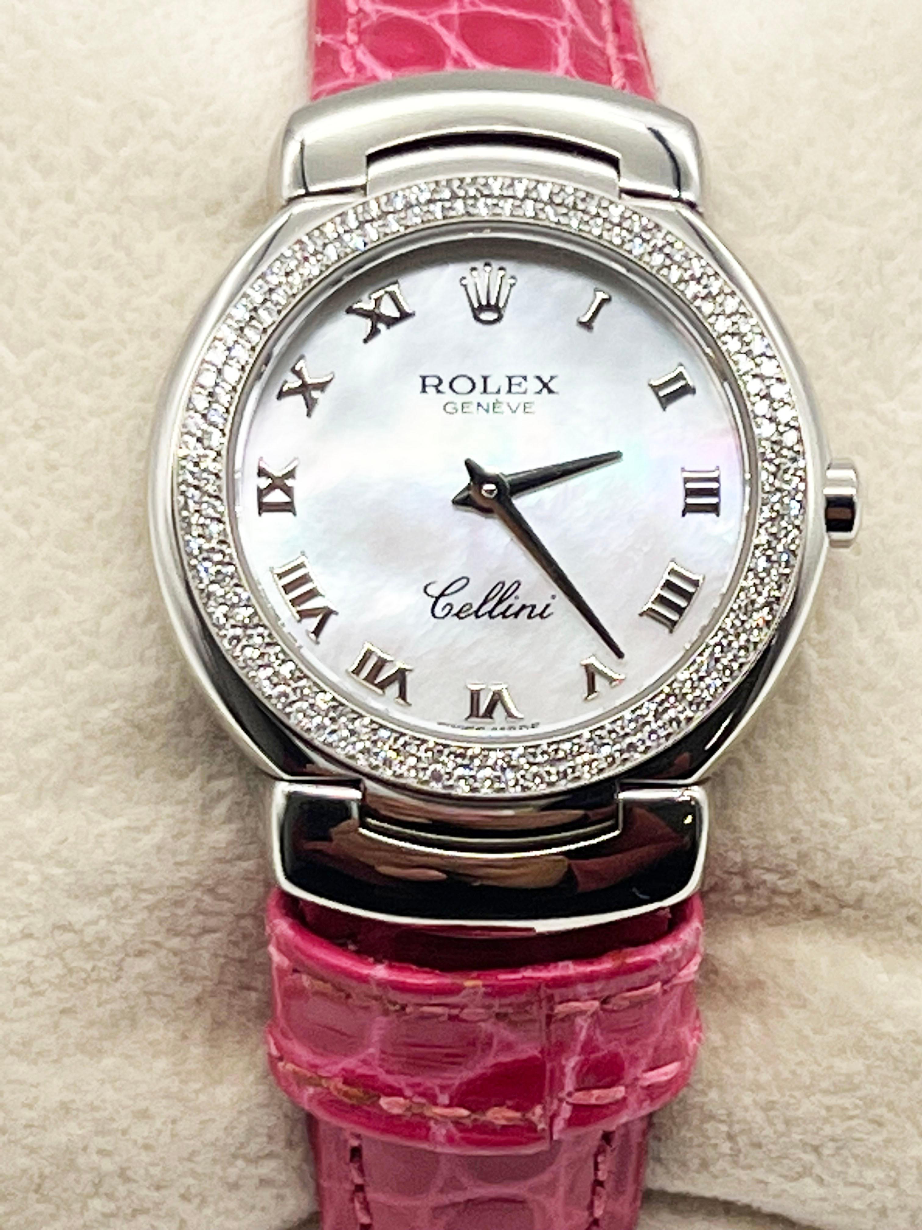 Rolex Montre Cellini Cellissima 6671 avec cadran romain en or blanc 18 carats et bracelet en cuir rose Excellent état - En vente à San Diego, CA