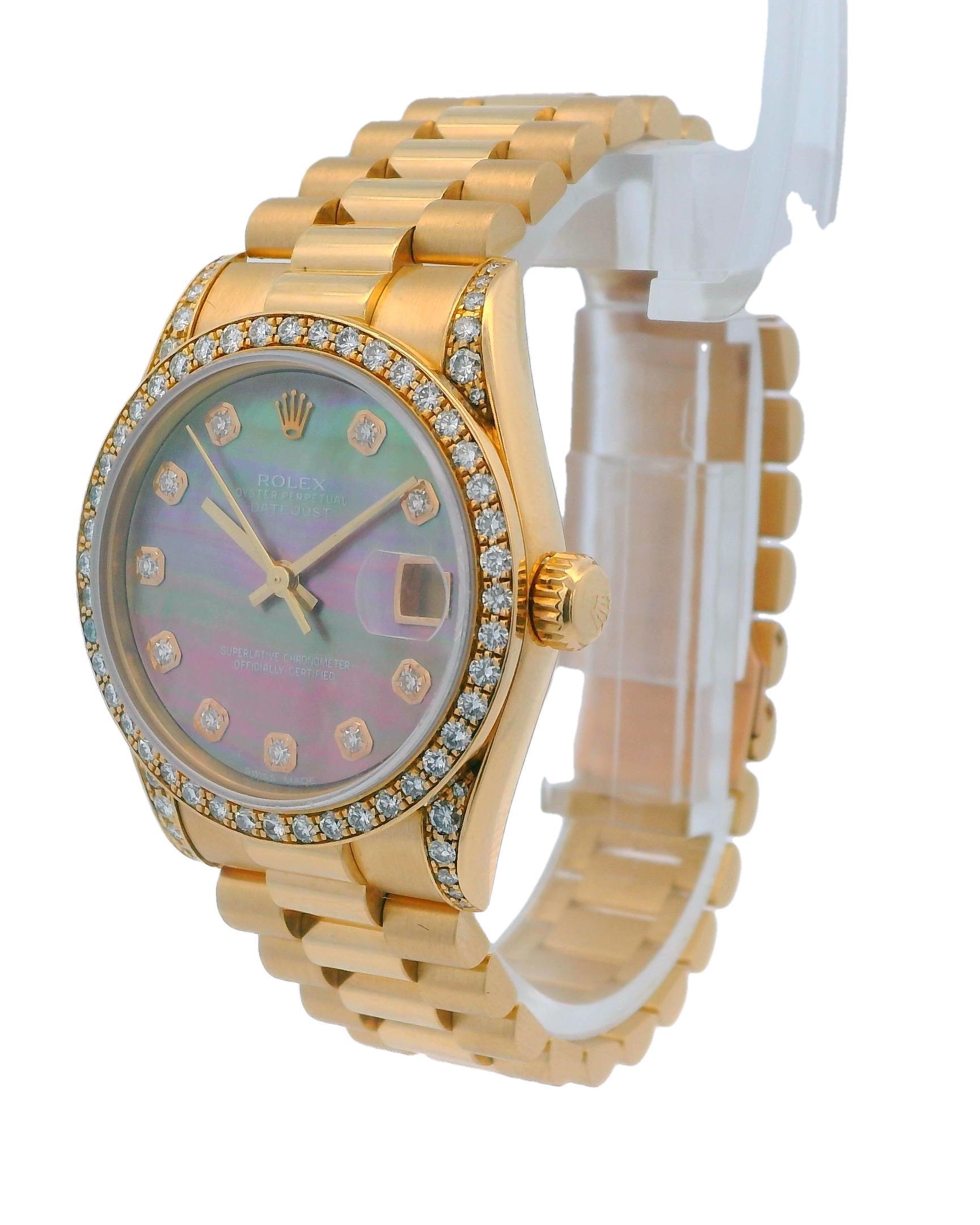 Rolex President Midsize is a stunning ladies' watch that combines luxury and functionality. It features a customized Mother of Pearl (MOP) diamond dial that beautifully reflects light and adds a touch of elegance. The watch is powered by an
