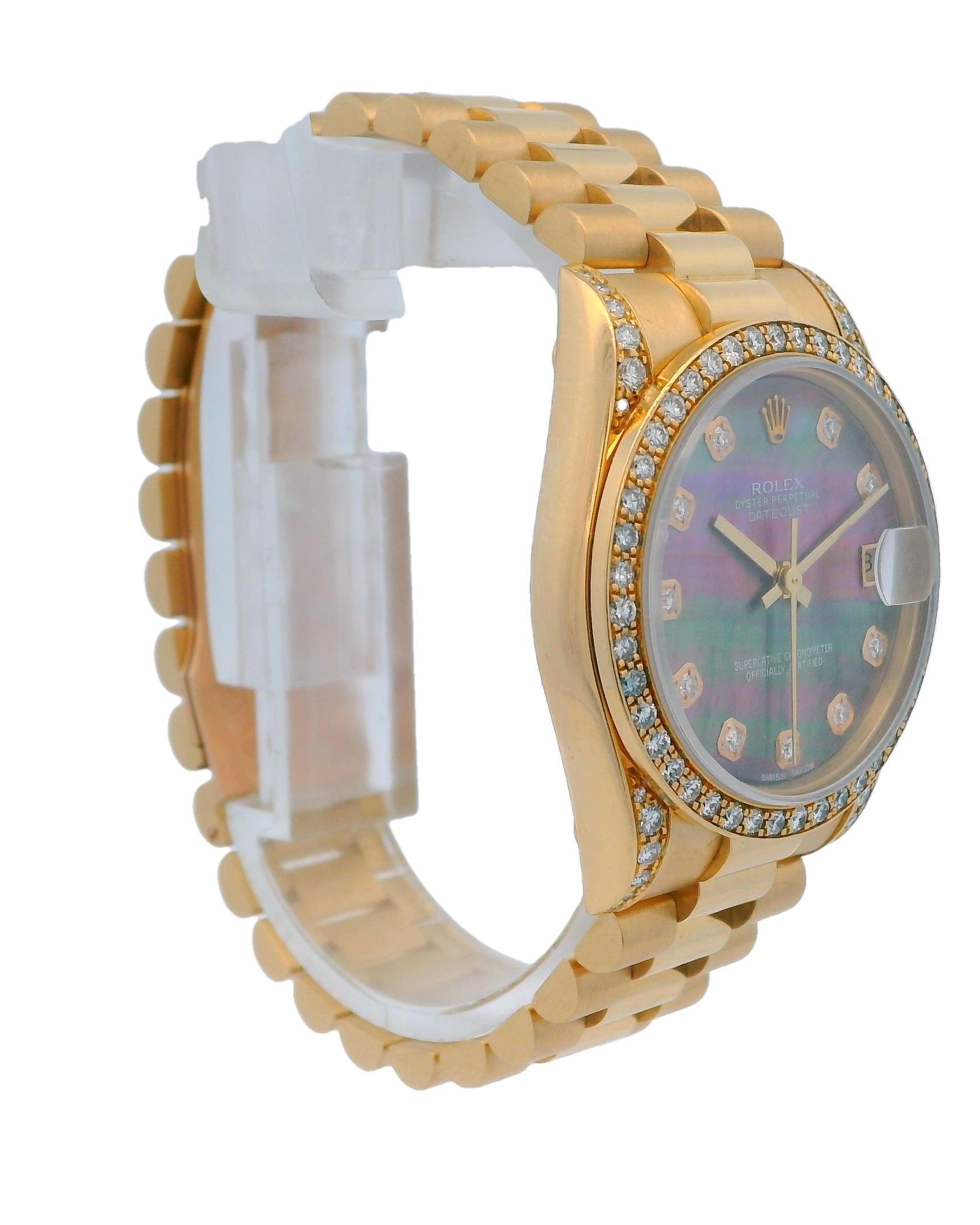 Round Cut Rolex 68238 Midsize Factory Diamond Lugs & Bezel. Customized MOP Diamond Dial