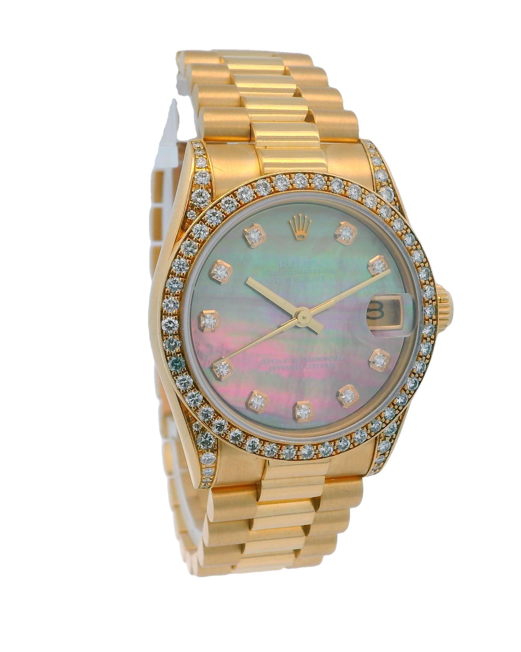 Rolex 68238 Midsize Factory Diamond Lugs & Bezel. Customized MOP Diamond Dial In Excellent Condition In Great Neck Plaza, NY