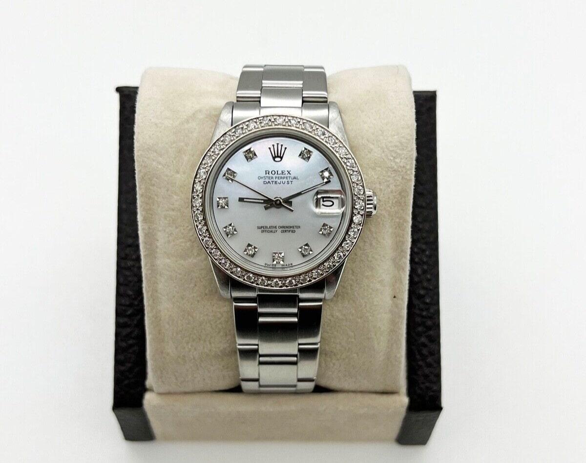 Rolex 68240 Datejust Midsize 31mm MOP Diamond Dial Diamond Bezel Stainless Steel In Excellent Condition For Sale In San Diego, CA