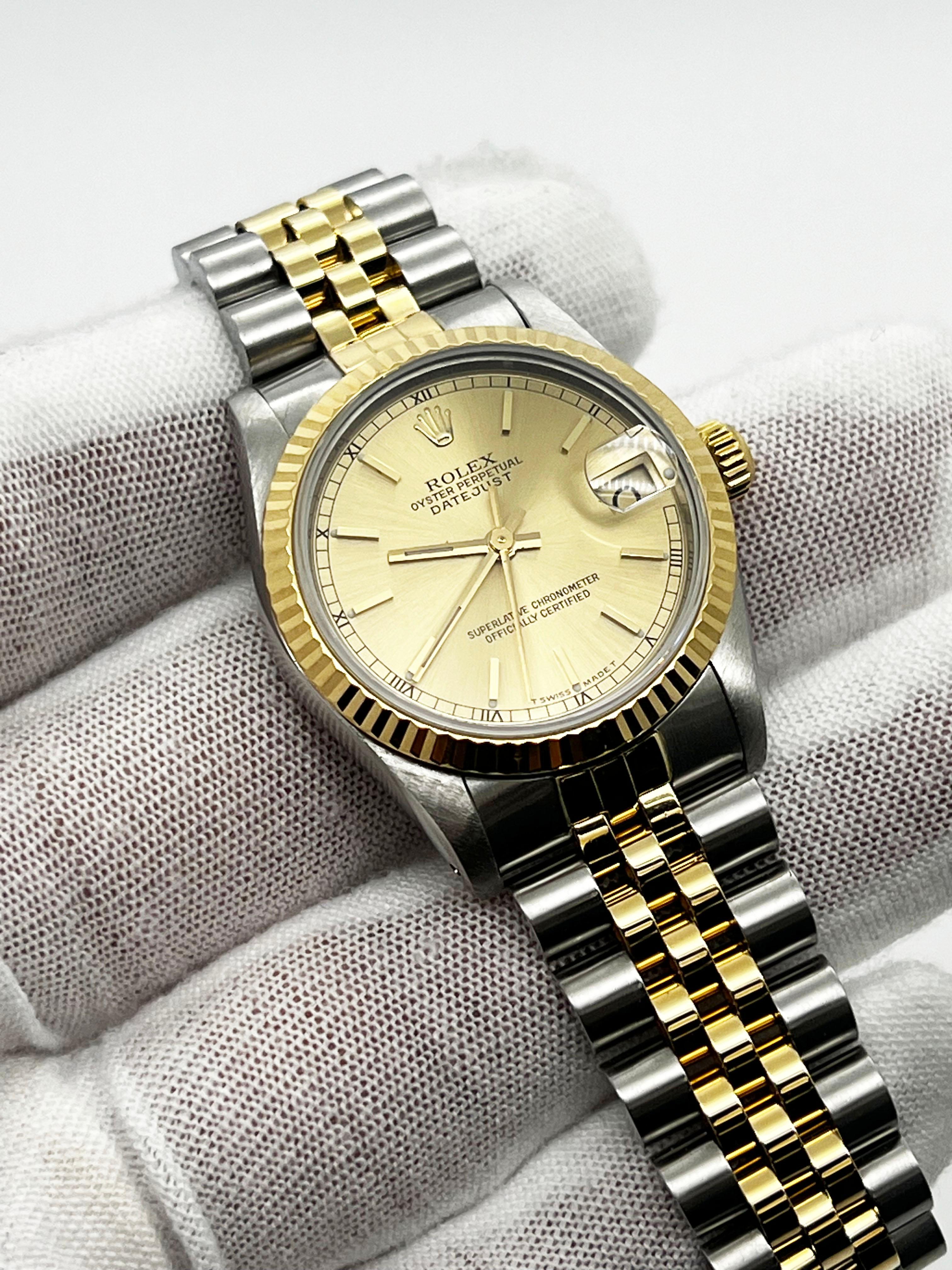 Rolex 68273 Datejust Midsize 31mm Champagner-Zifferblatt 18K Gelbgold Edelstahl für Damen oder Herren