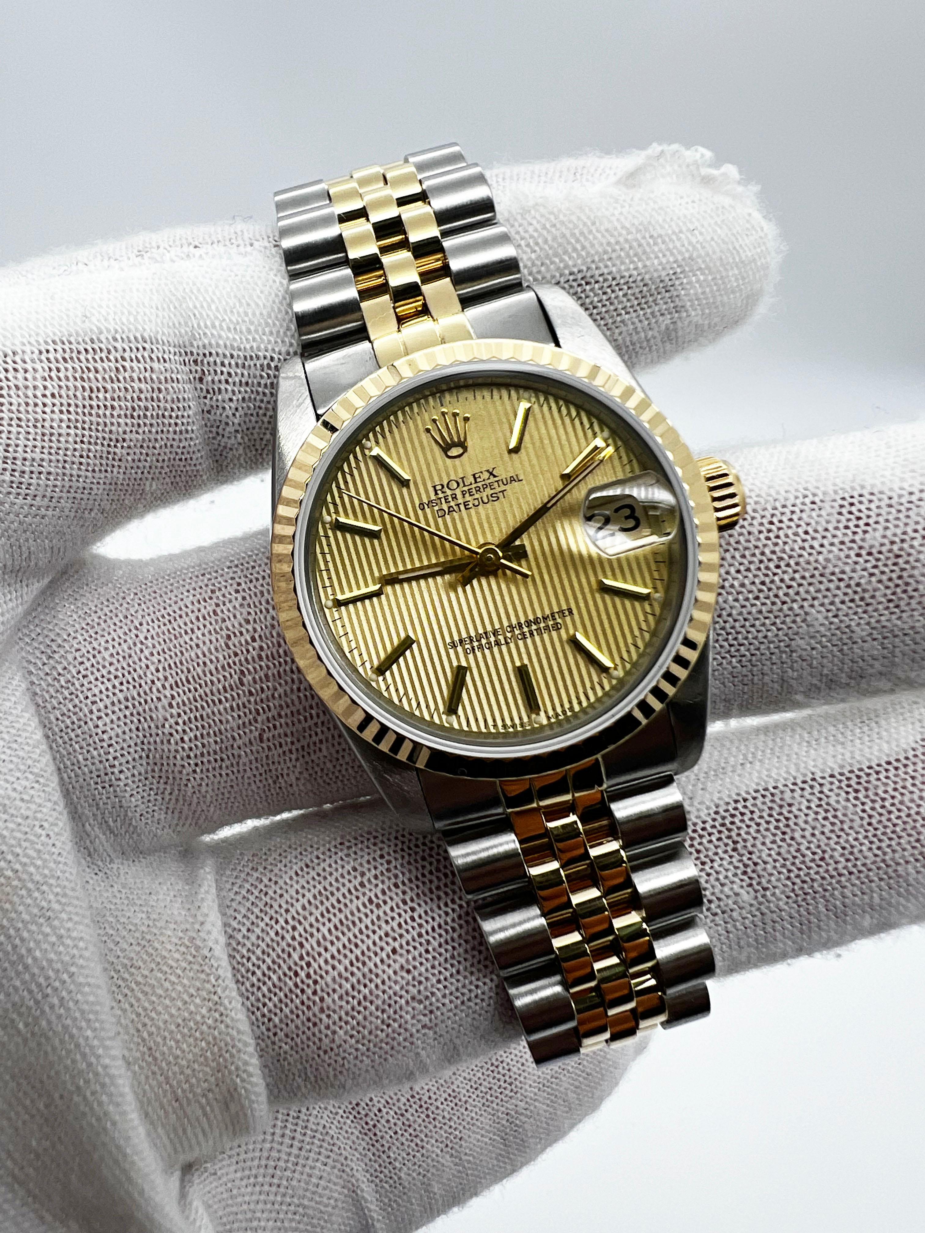 Rolex 68273 Datejust Midsize 31mm Wandteppich Zifferblatt 18K Gelbgold Stahl Box Papier im Zustand „Hervorragend“ in San Diego, CA