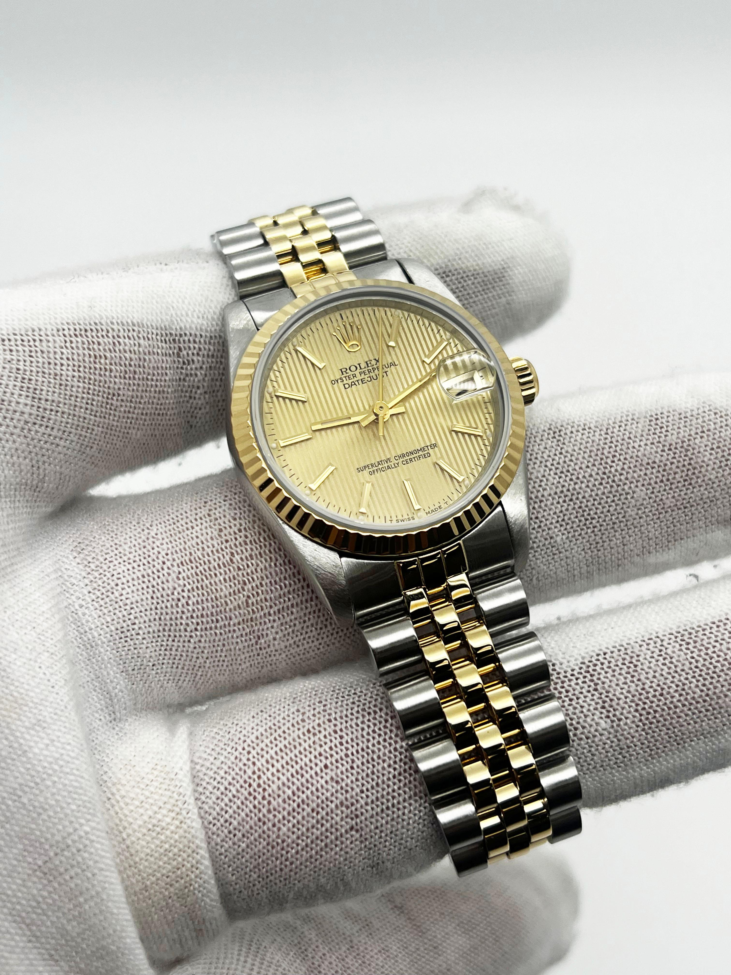 Rolex 68273 Datejust Midsize 31mm Wandteppich Zifferblatt 18K Gelbgold Stahl Box Papier für Damen oder Herren