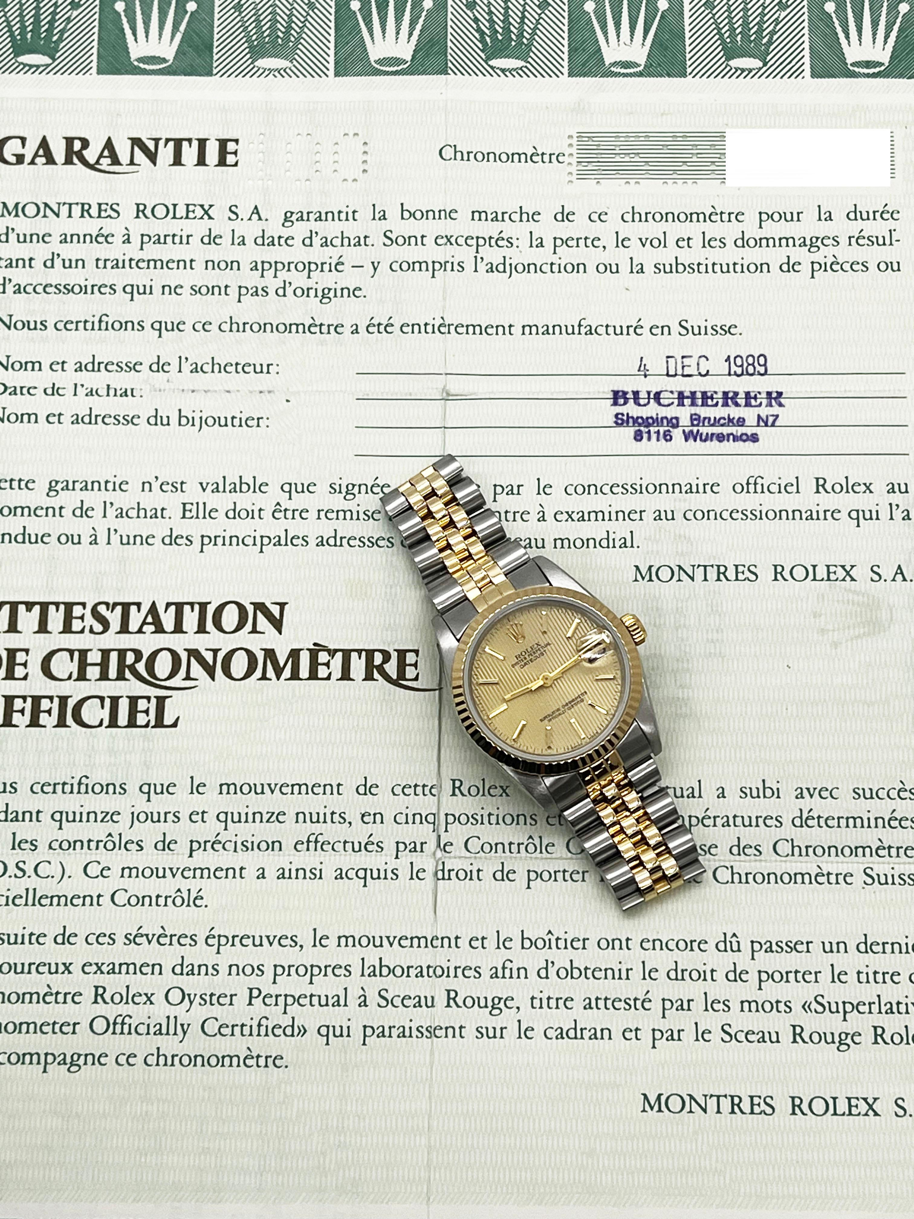 Rolex 68273 Datejust Midsize 31mm Wandteppich Zifferblatt 18K Gelbgold Stahl Box Papier 5