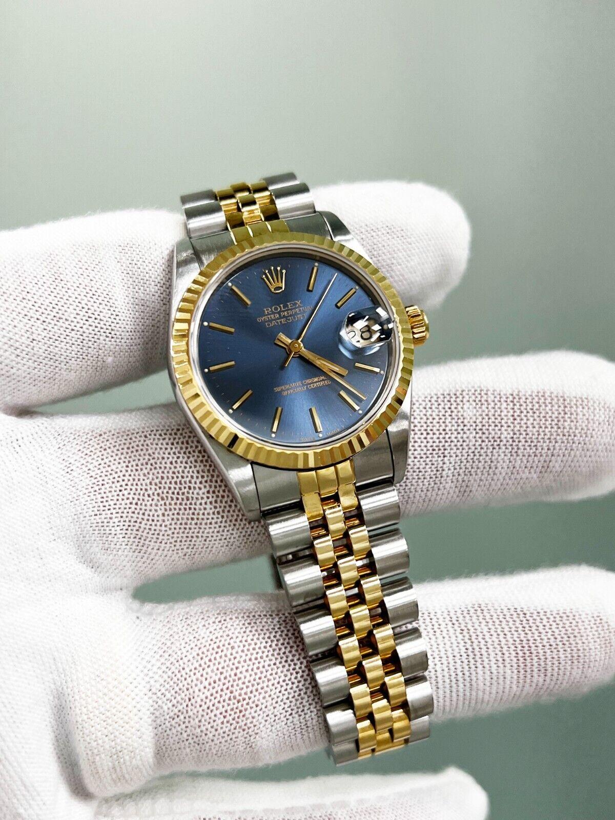 Rolex 68273 Midsize 31mm Datejust Blue Dial 18K Yellow Gold Stainless Box Paper For Sale 2