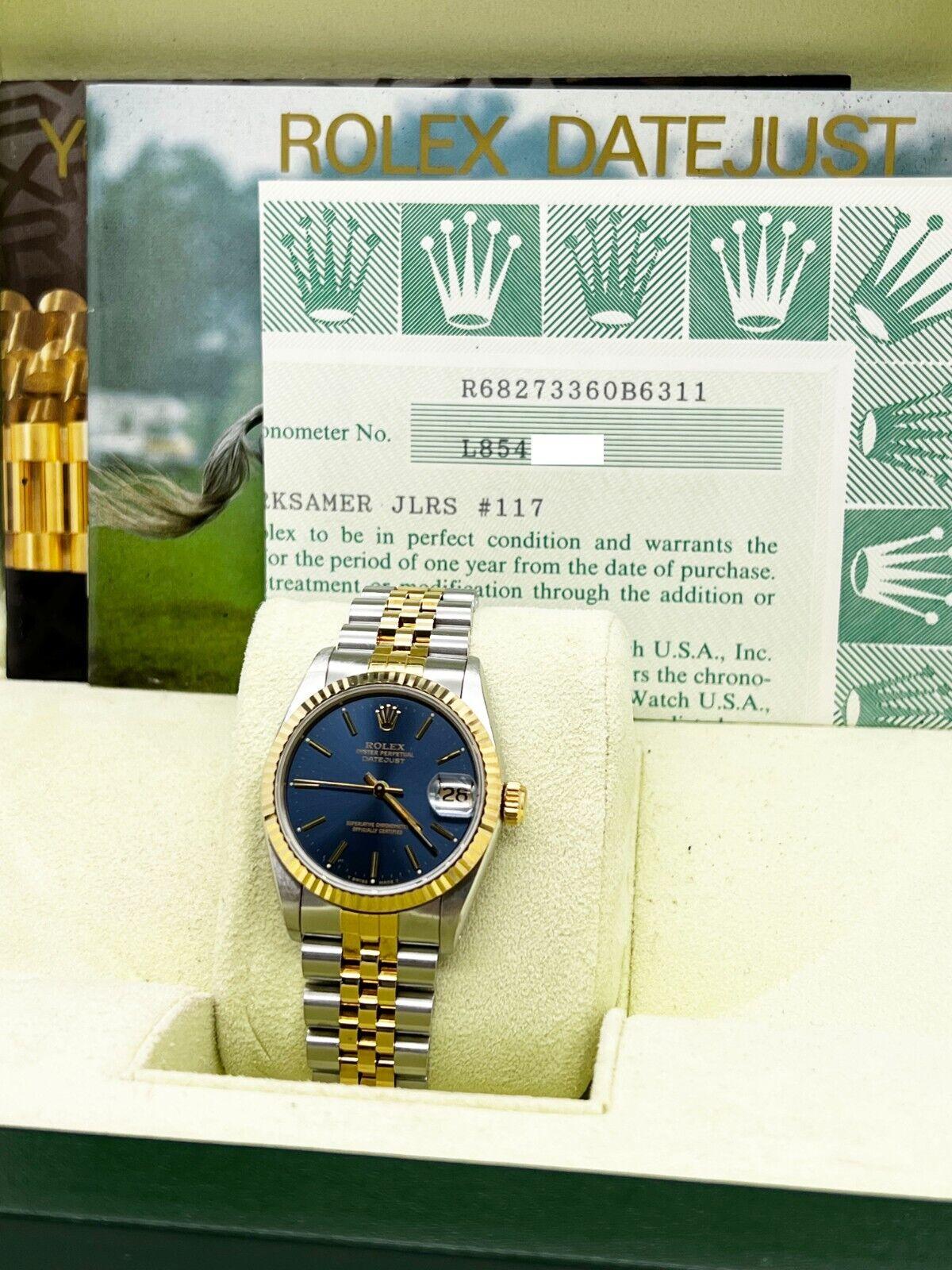 Rolex 68273 Midsize 31mm Datejust Blue Dial 18K Yellow Gold Stainless Box Paper For Sale 3