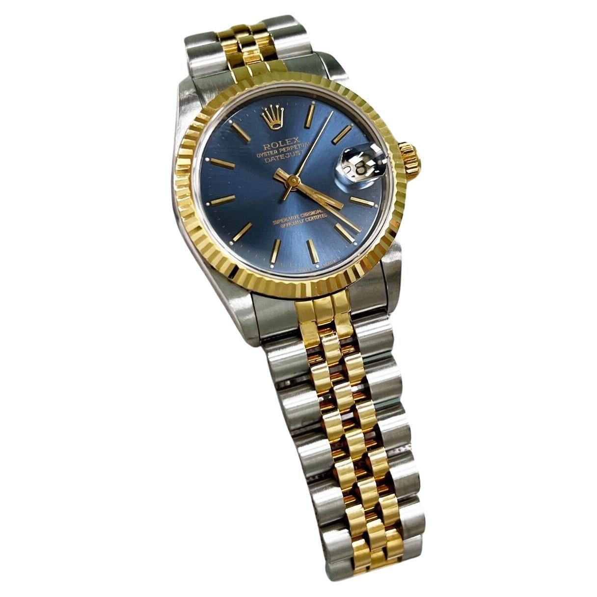 Rolex 68273 Midsize 31mm Datejust Blue Dial 18K Yellow Gold Stainless Box Paper For Sale