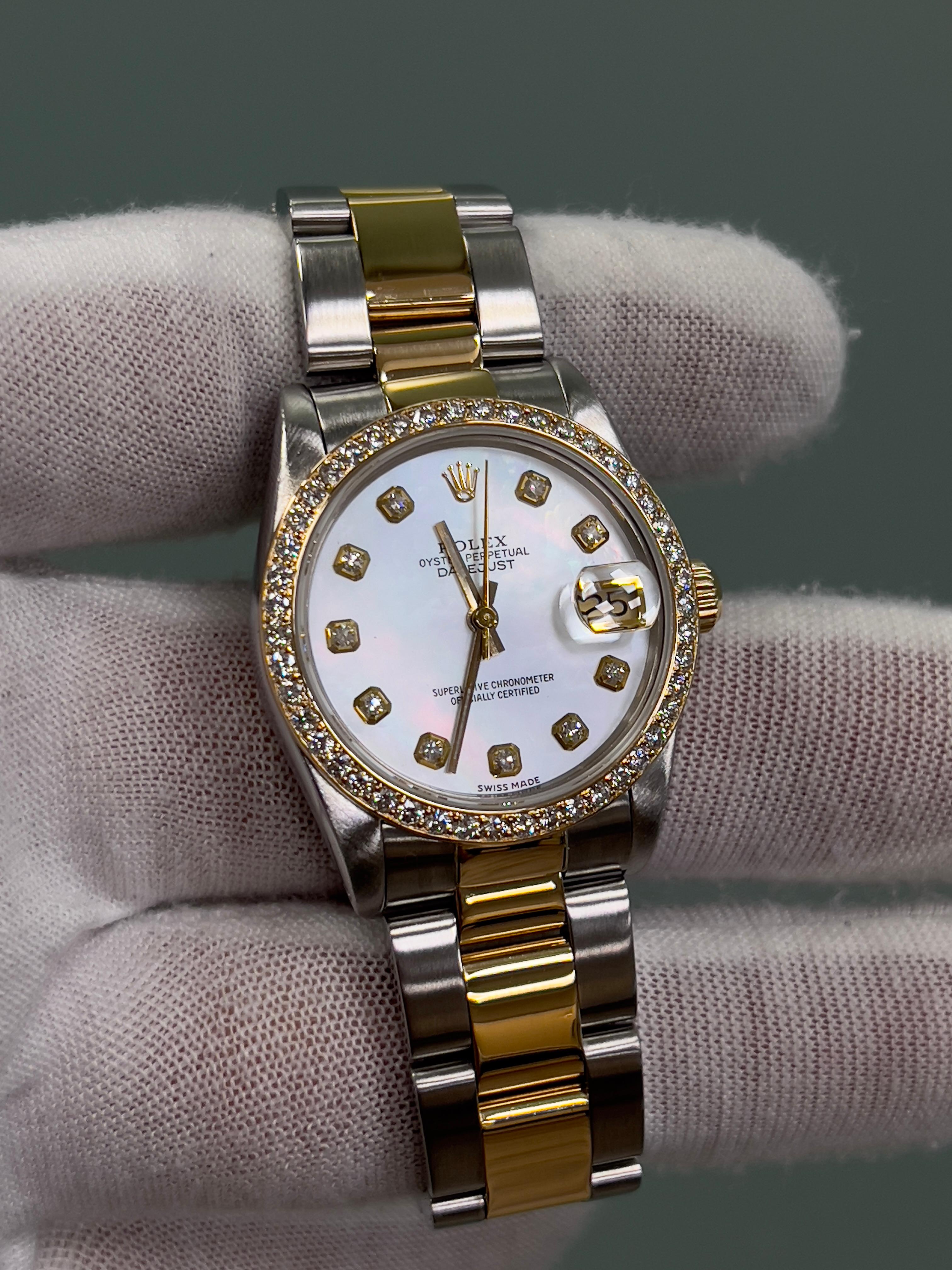 Round Cut Rolex 68273 Midsize 31mm Datejust MOP Diamond Dial Diamond Bezel 18K Gold Steel