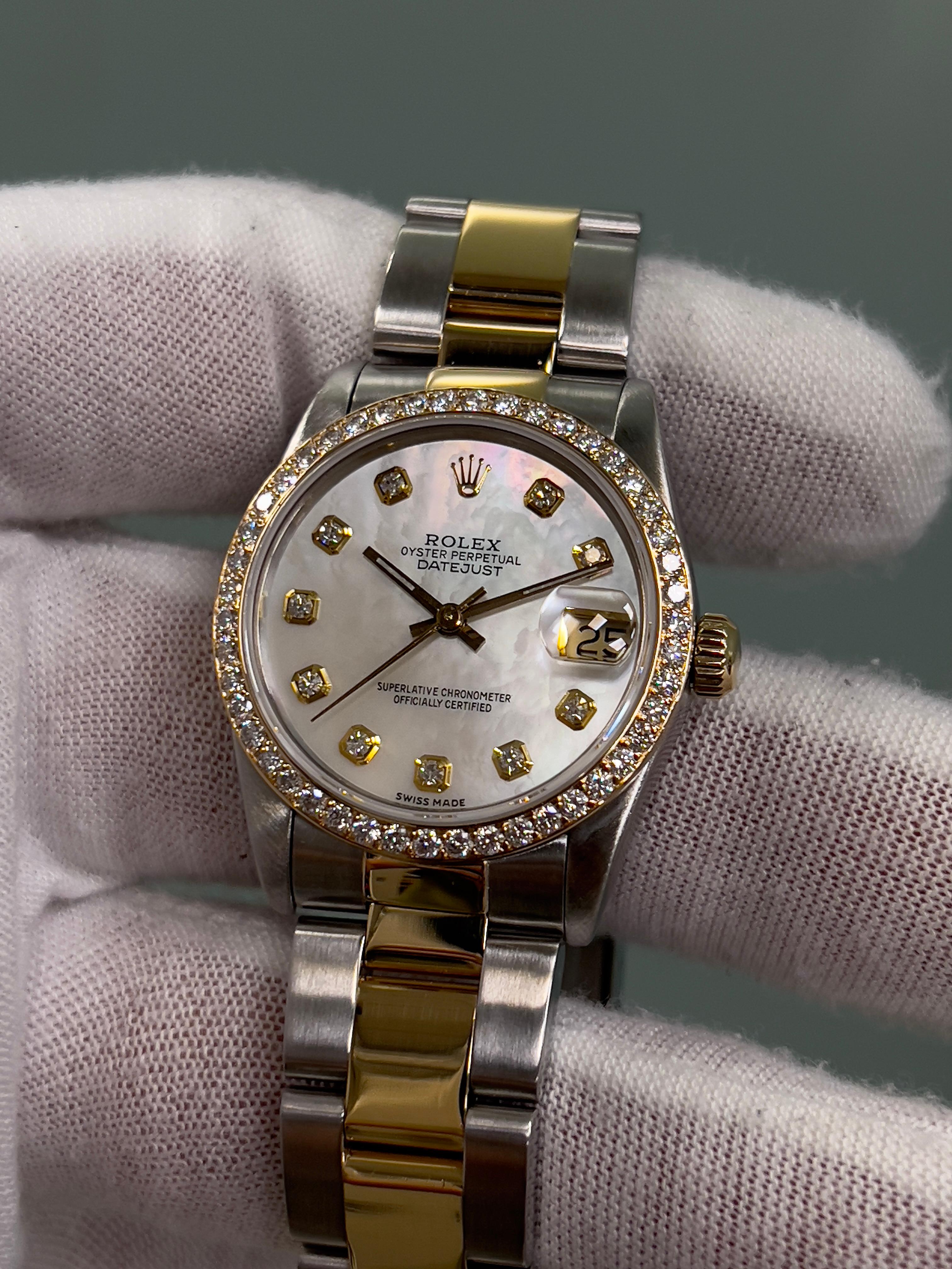 Rolex 68273 Midsize 31mm Datejust MOP Diamond Dial Diamond Bezel 18K Gold Steel In Excellent Condition In San Diego, CA