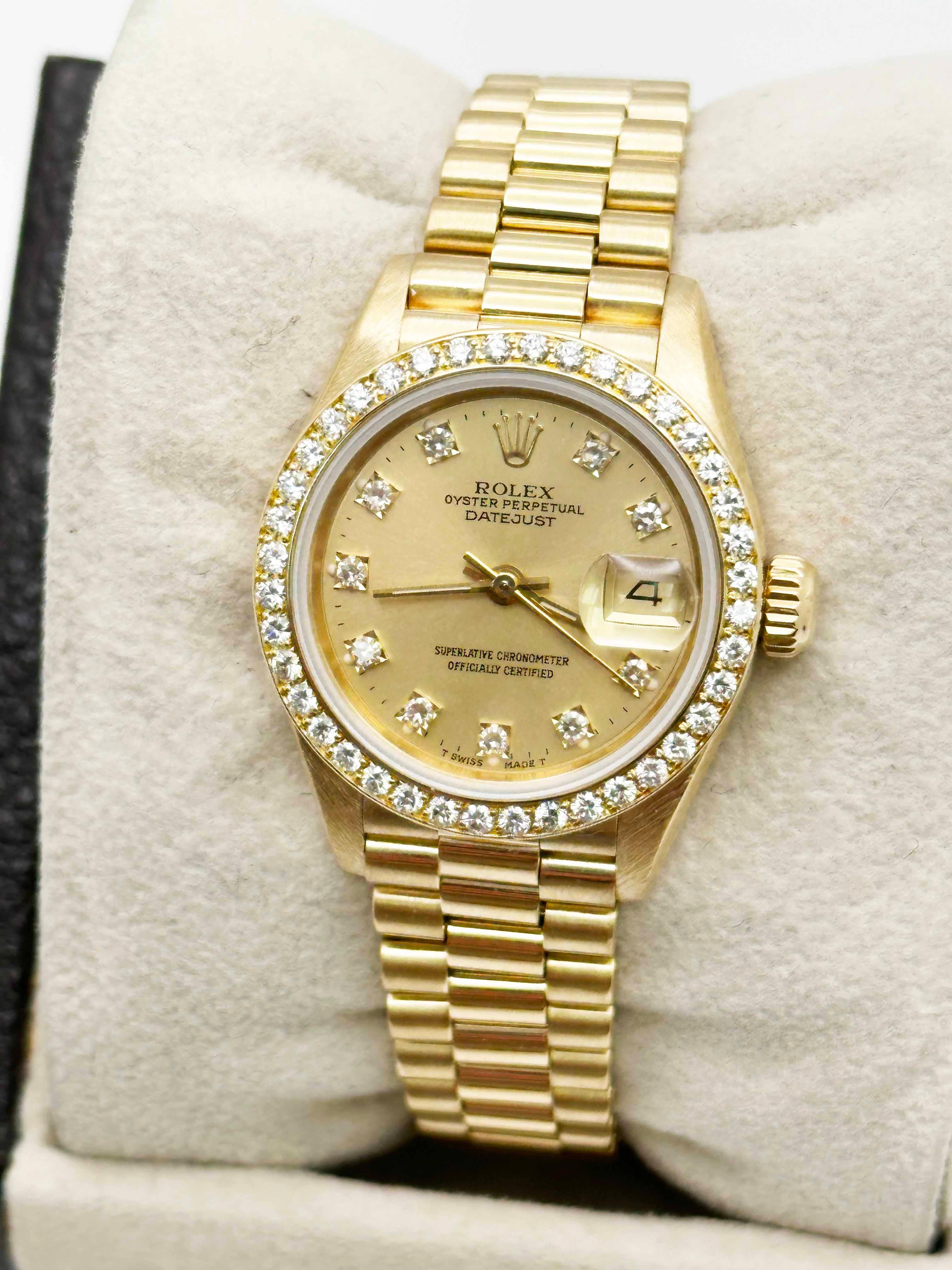 Rolex 69138 Ladies President Factory Esfera y bisel de diamantes Caja de oro de 18 quilates Papel Corte redondo