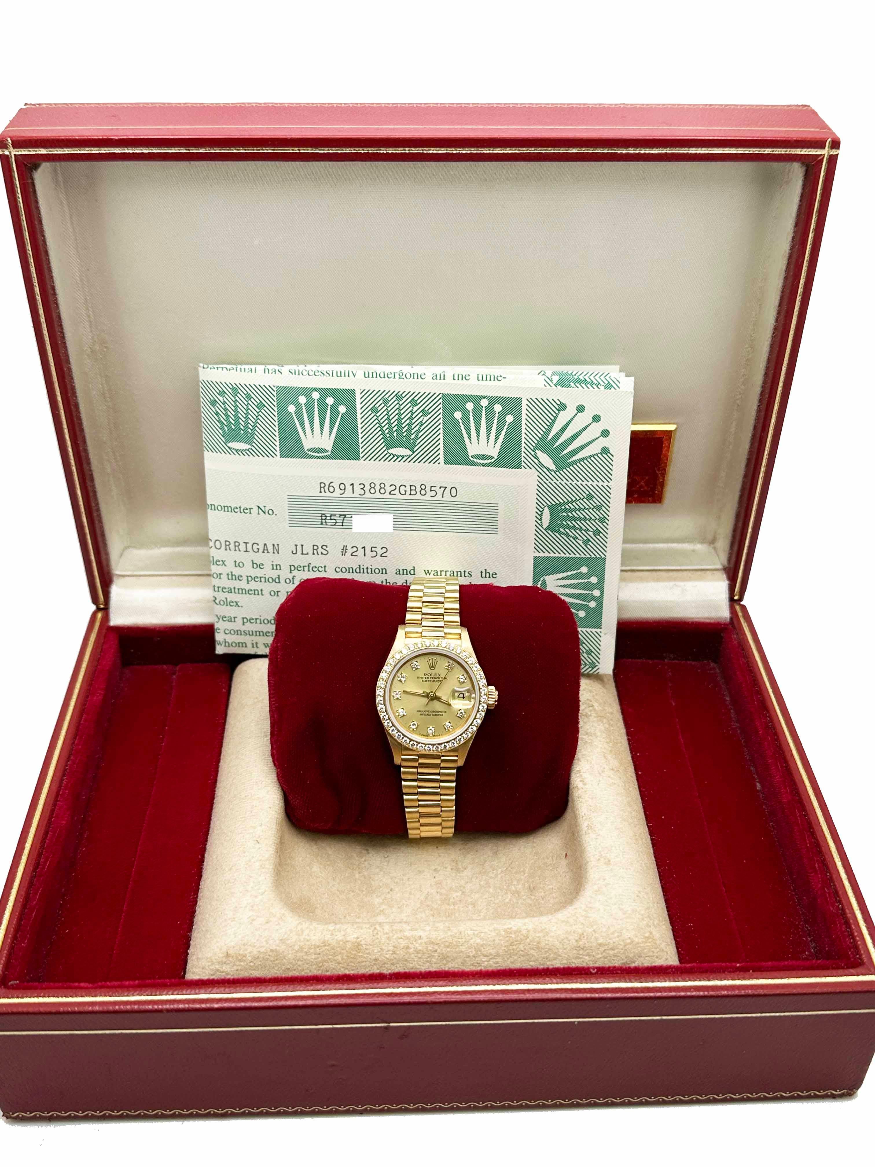 Rolex 69138 Ladies President Factory Esfera y bisel de diamantes Caja de oro de 18 quilates Papel 2