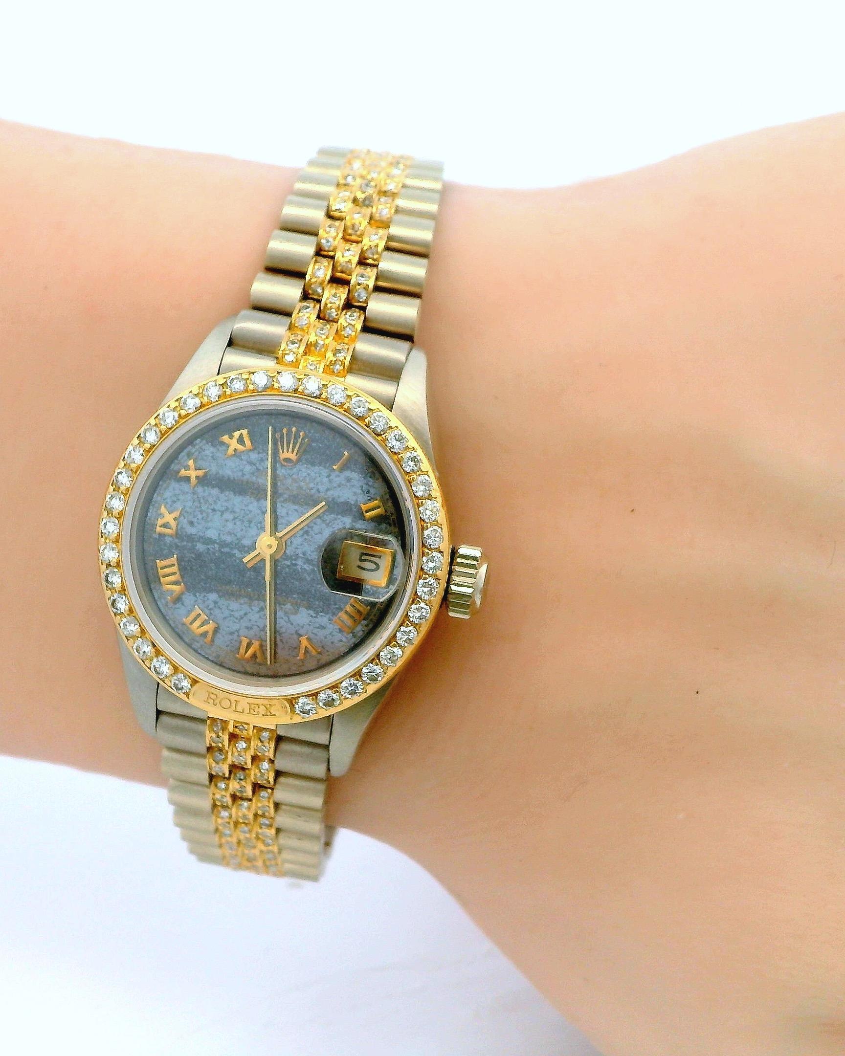 Rolex 69149 18k Weiß & Gelb Gold Pavé Zentrum Links Diamant Lünette Ferrit Zifferblatt im Angebot 5