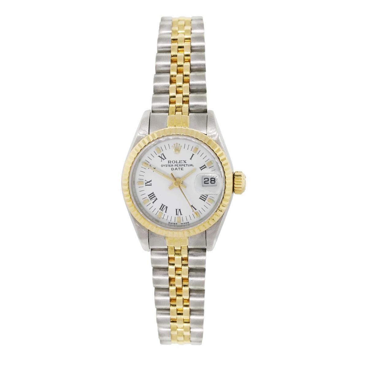Brand: Rolex
MPN: 6917
Model: Date
Case Material: Stainless steel
Case Diameter: 26mm
Crystal: Sapphire crystal (scratch resistant)
Bezel: 18k yellow gold fluted bezel
Dial: White roman dial
Bracelet: Stainless steel and 18k yellow gold jubilee