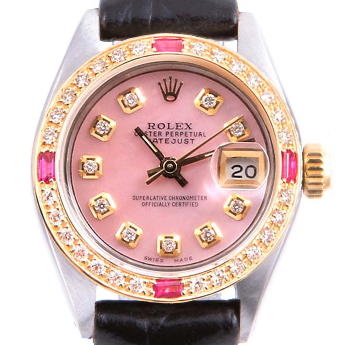 Moderne Rolex Ladies 6917 Datejust 26mm Pink Diamond MOP sur cuir noir en vente