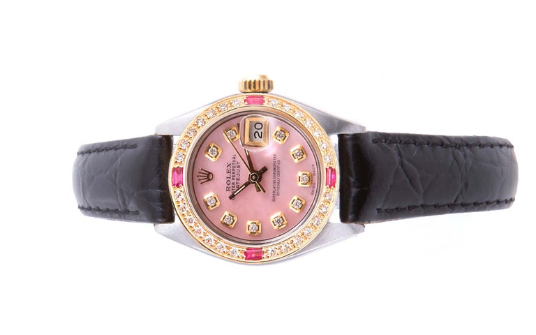 Round Cut Rolex 6917 Datejust Pink MOP Diamond on Leather For Sale