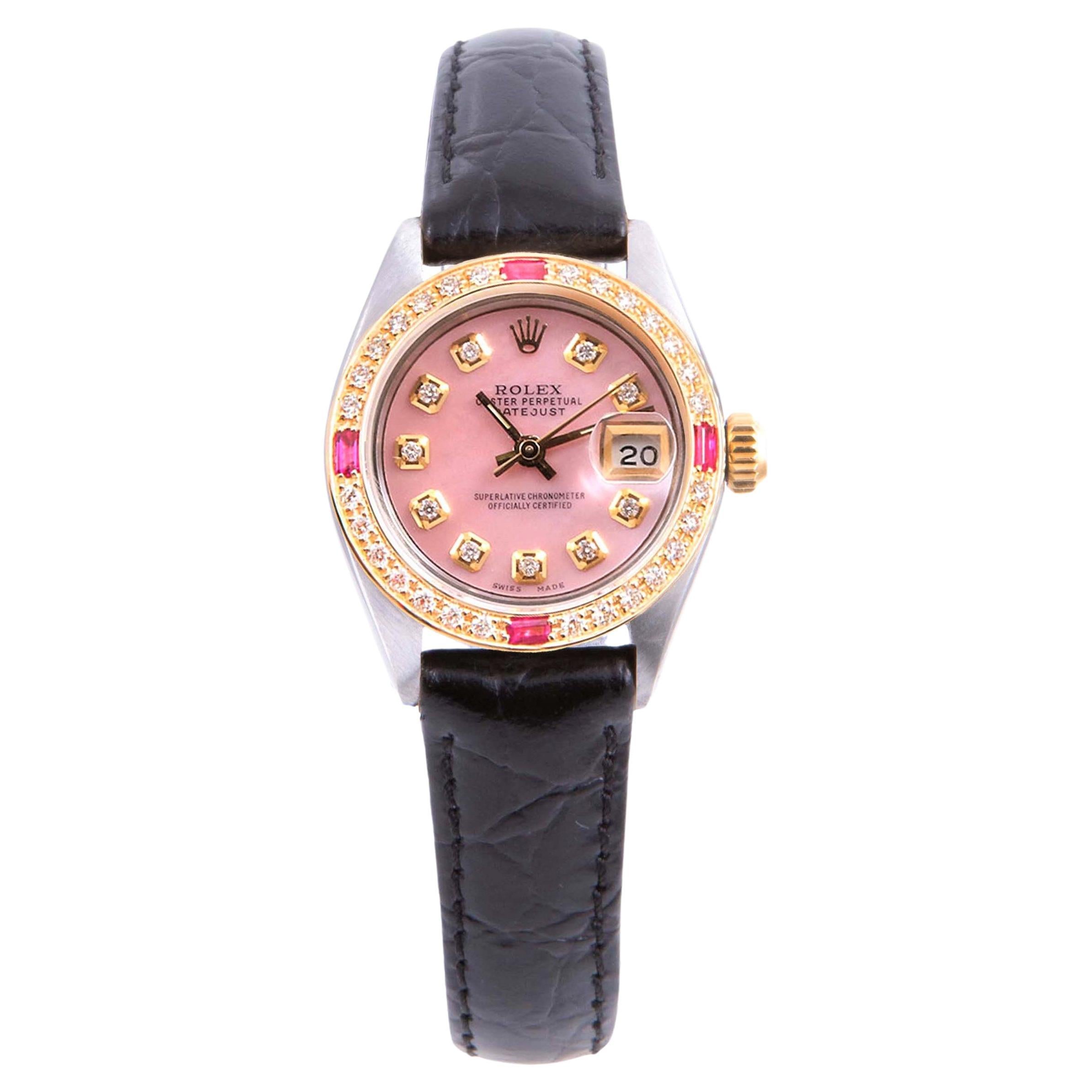 Rolex Ladies 6917 Datejust 26mm Pink MOP Diamond on Black Leather For Sale