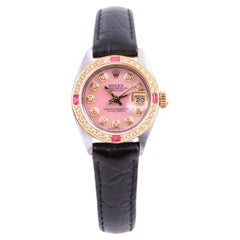 Retro Rolex Ladies 6917 Datejust 26mm Pink MOP Diamond on Black Leather