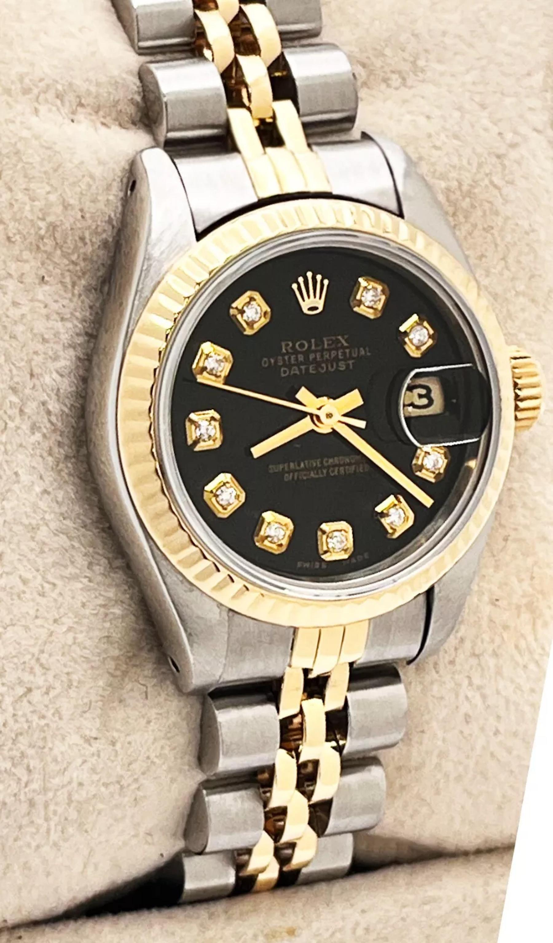 Rolex 69173 Ladies Datejust Black Diamond Dial 18K Yellow Gold Stainless Steel Excellent état à San Diego, CA