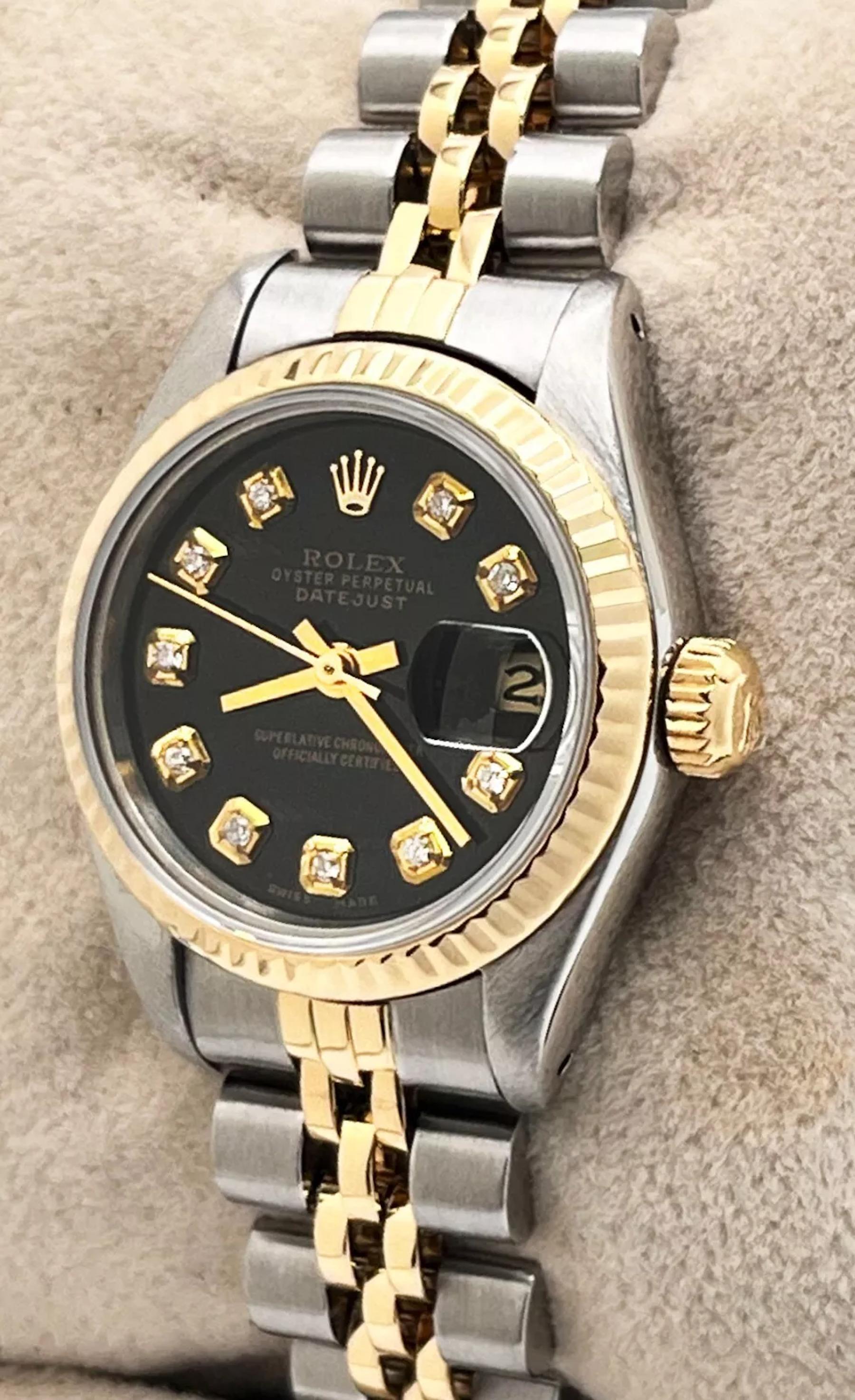  Rolex 69173 Ladies Datejust Black Diamond Dial 18K Yellow Gold Stainless Steel Unisexe 