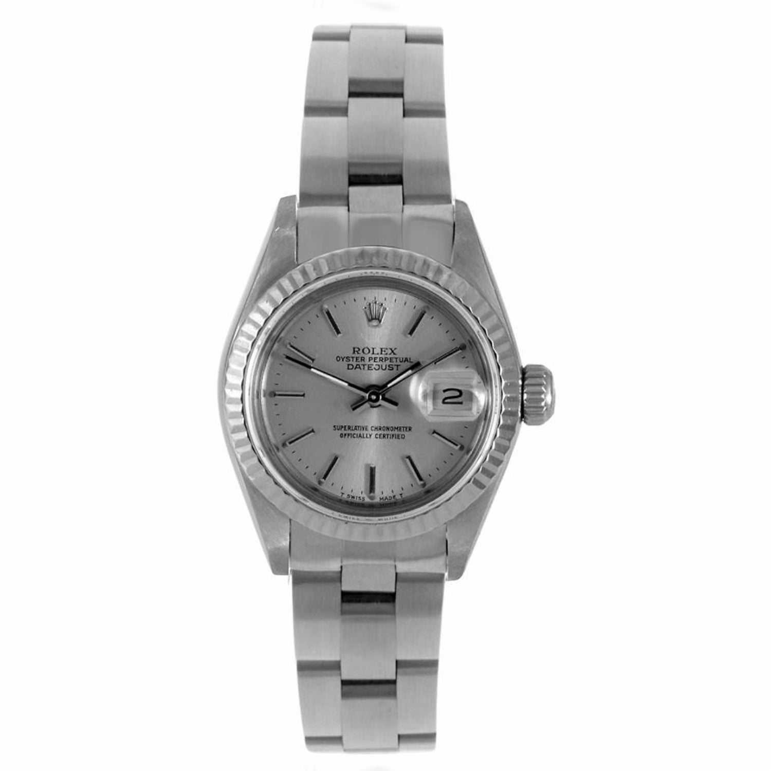 Rolex Ladies Datejust Silver Stick Fluted Bezel And Oyster Band For Sale At 1stdibs
