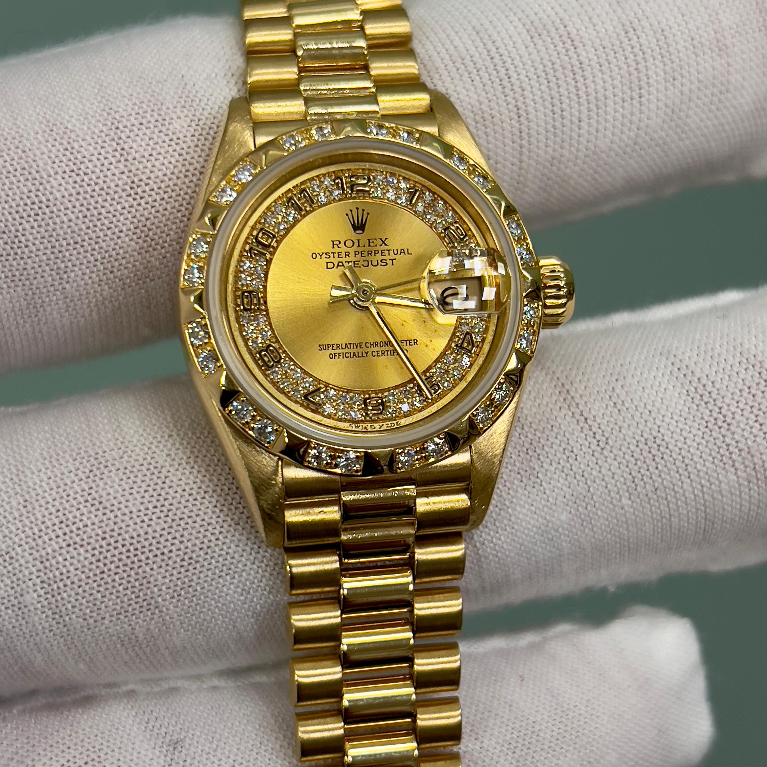 Rolex 69258 Ladies President Diamond Dial Bezel or jaune 18 carats Boîte Paper en vente 7