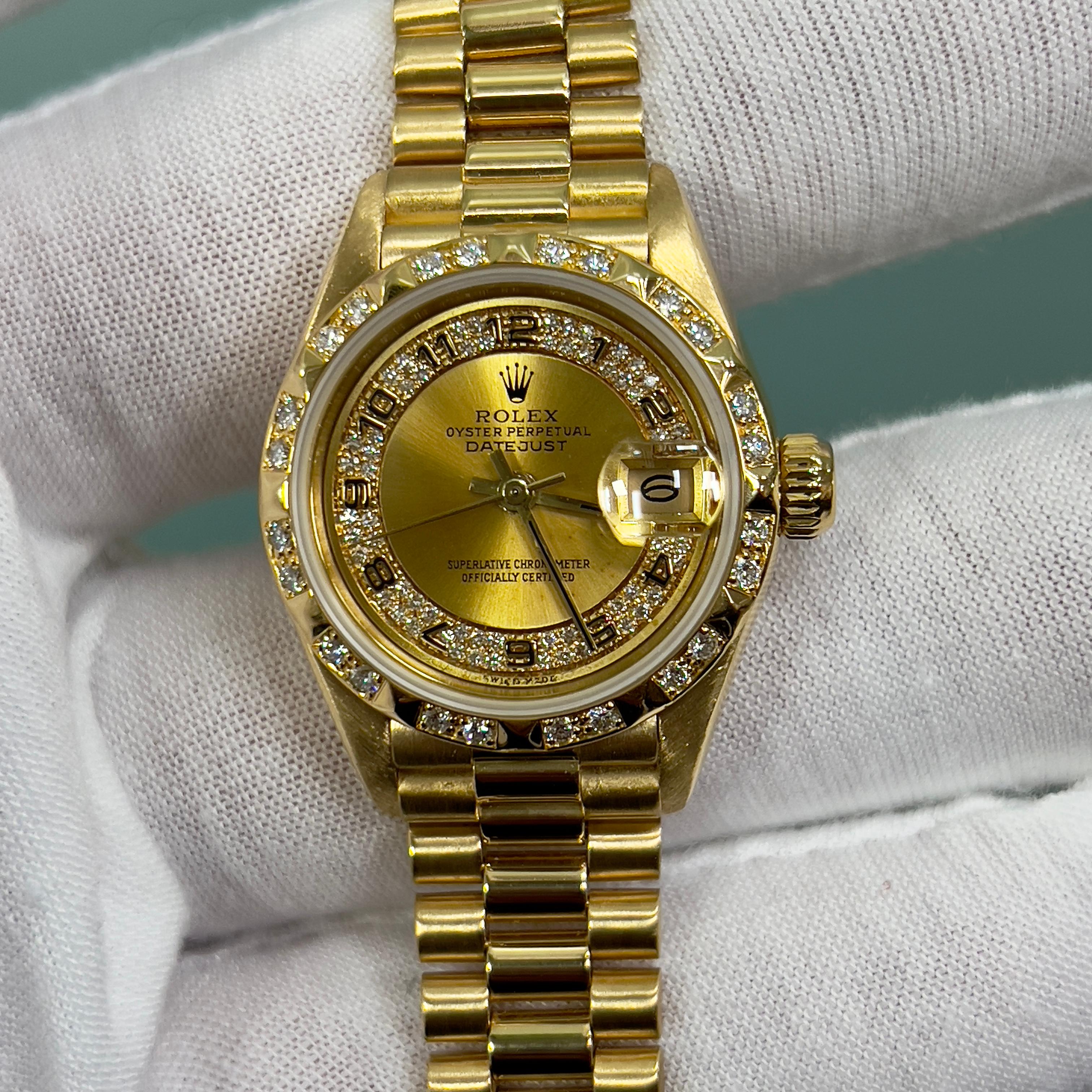 Rolex 69258 Ladies President Diamond Dial Bezel or jaune 18 carats Boîte Paper en vente 8
