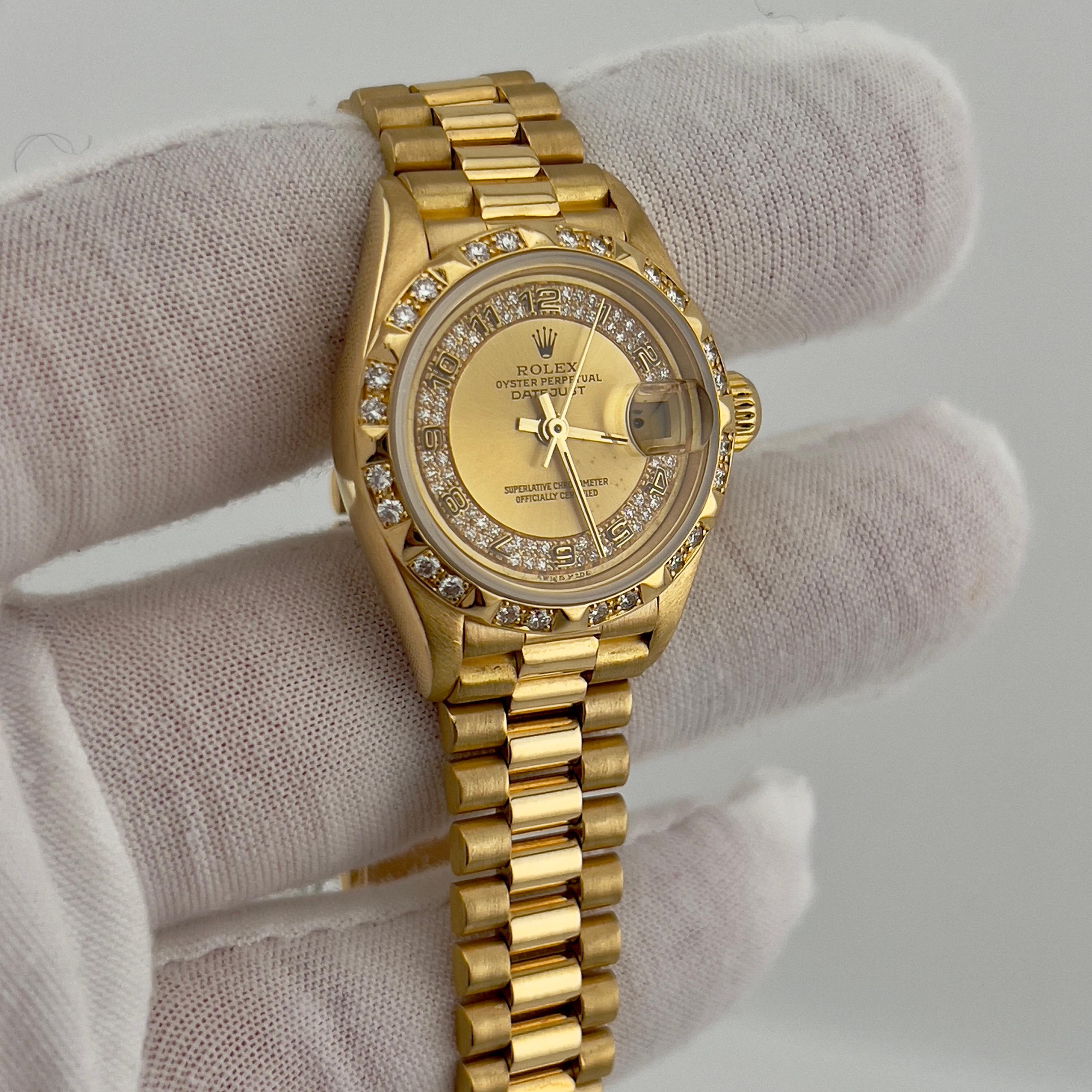 Rolex 69258 Ladies President Diamond Dial Bezel or jaune 18 carats Boîte Paper en vente 9
