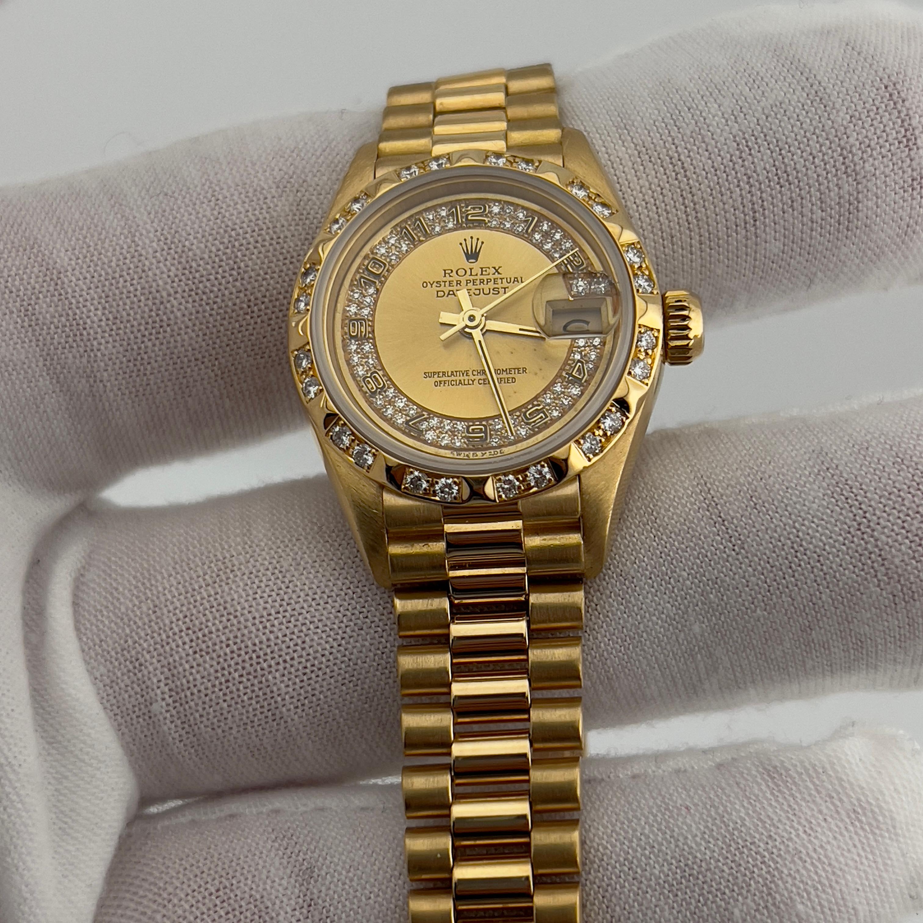 Rolex 69258 Ladies President Diamond Dial Bezel or jaune 18 carats Boîte Paper en vente 10
