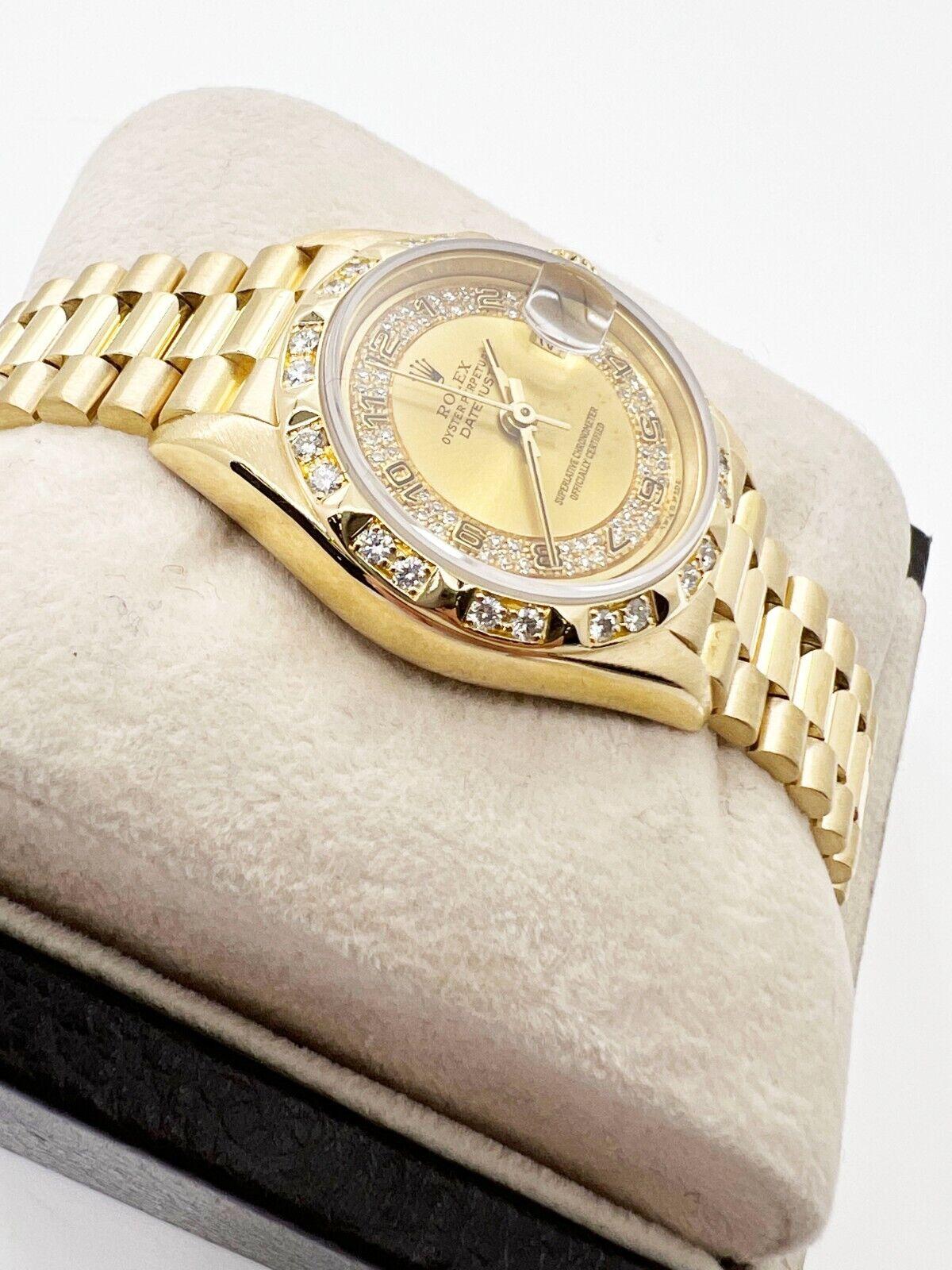 Rolex 69258 Damen Präsidentin Diamant Zifferblatt Lünette 18K Gelbgold Box Papier im Zustand „Hervorragend“ im Angebot in San Diego, CA