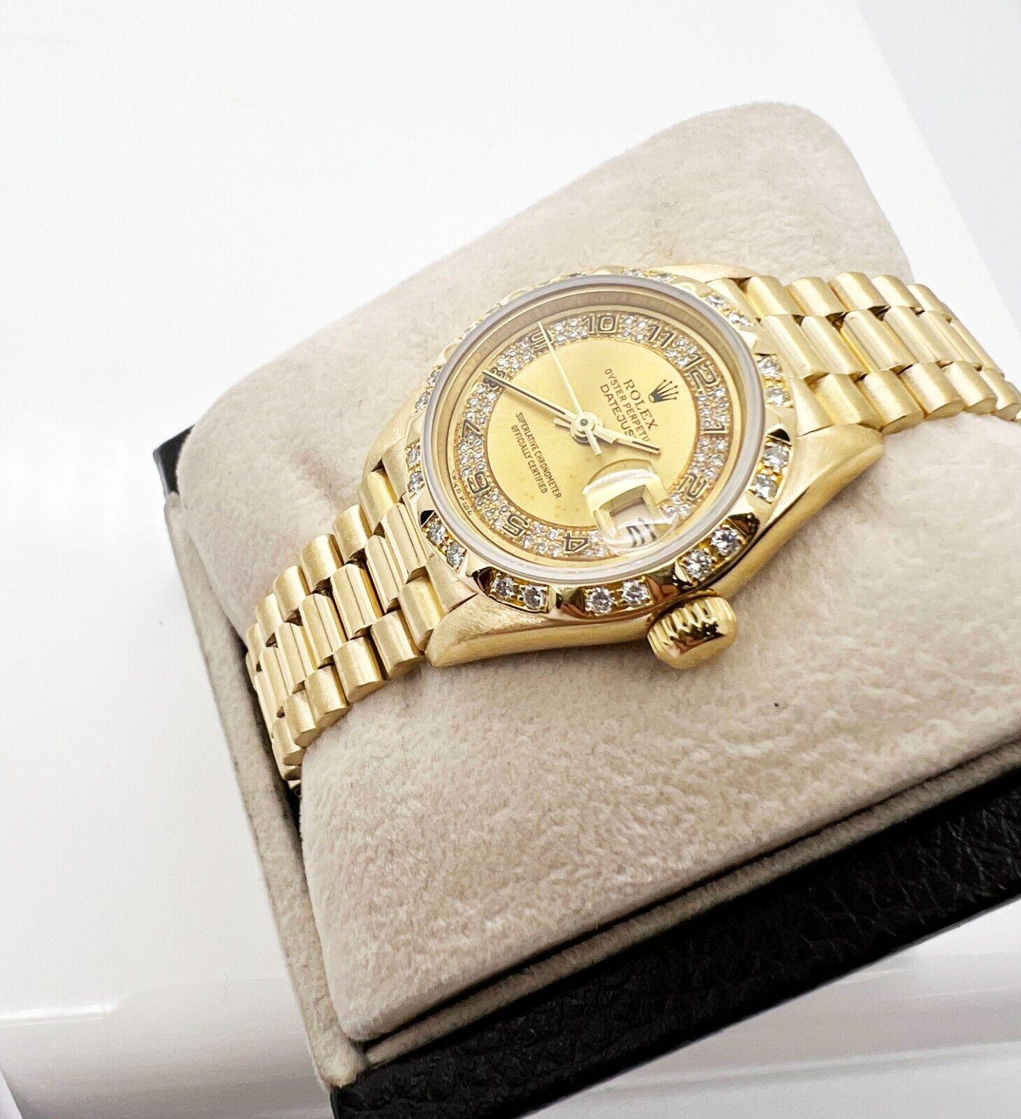 Rolex 69258 Ladies President Diamond Dial Bezel 18K Yellow Gold Box Paper For Sale 1