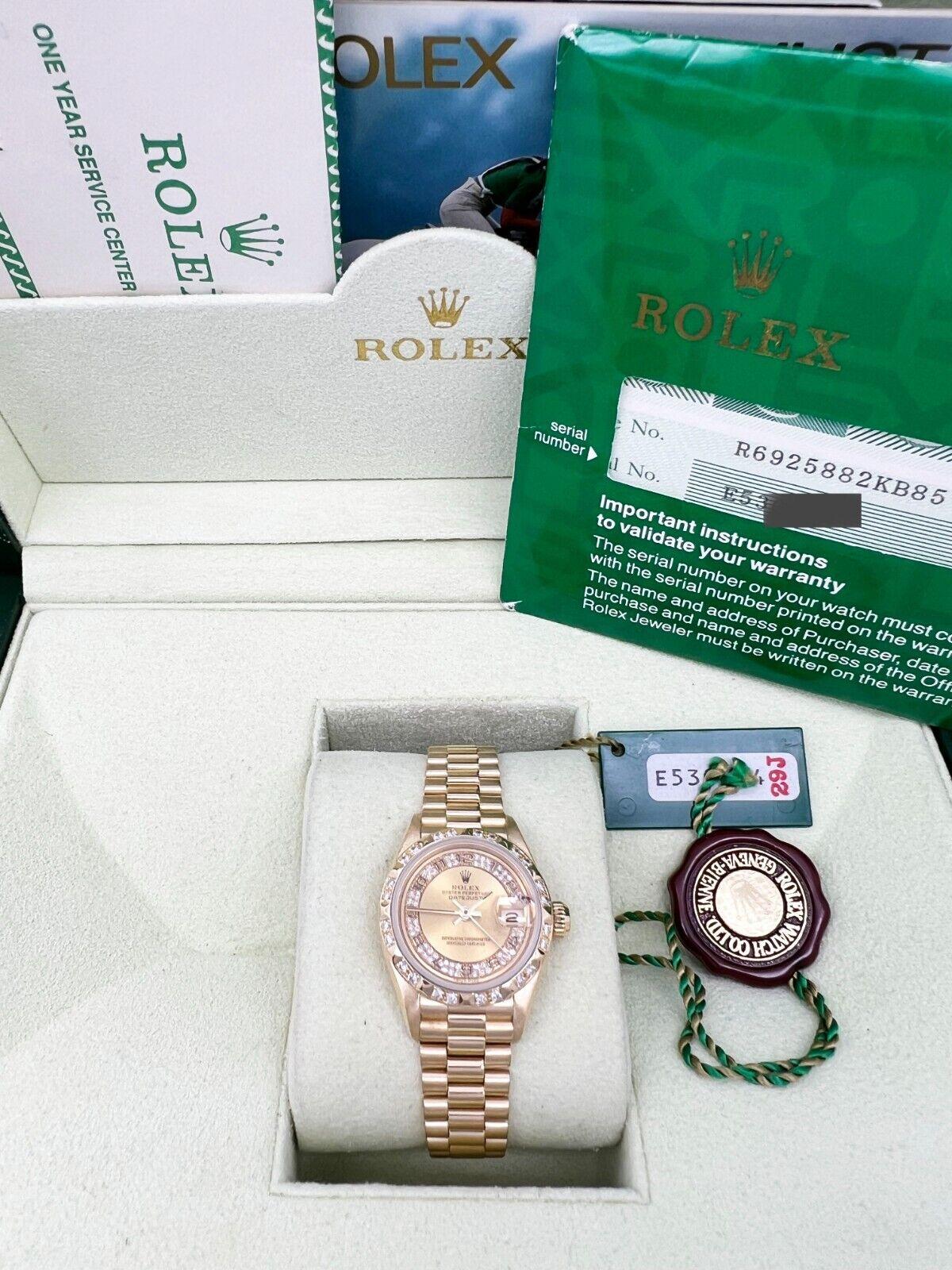 Rolex 69258 Ladies President Diamond Dial Bezel 18K Yellow Gold Box Paper For Sale 2