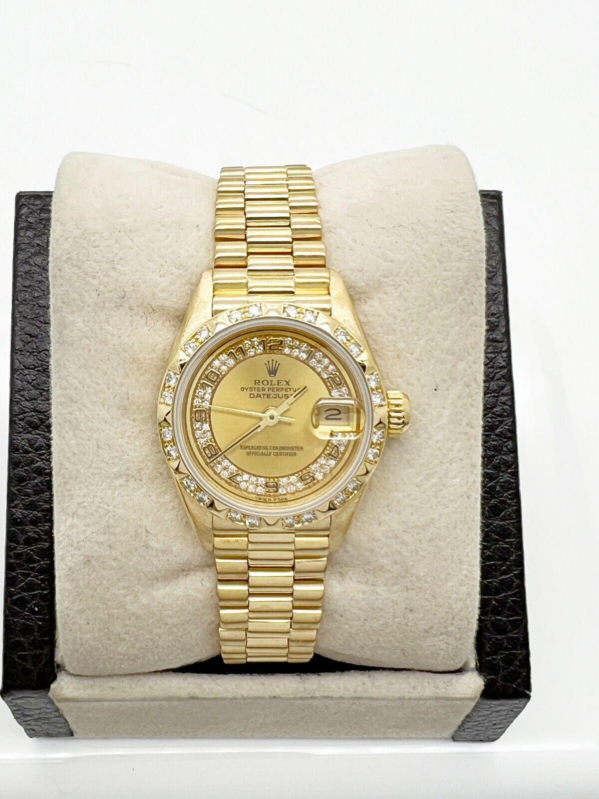 Rolex 69258 Ladies President Diamond Dial Bezel 18K Yellow Gold Box Paper For Sale 3