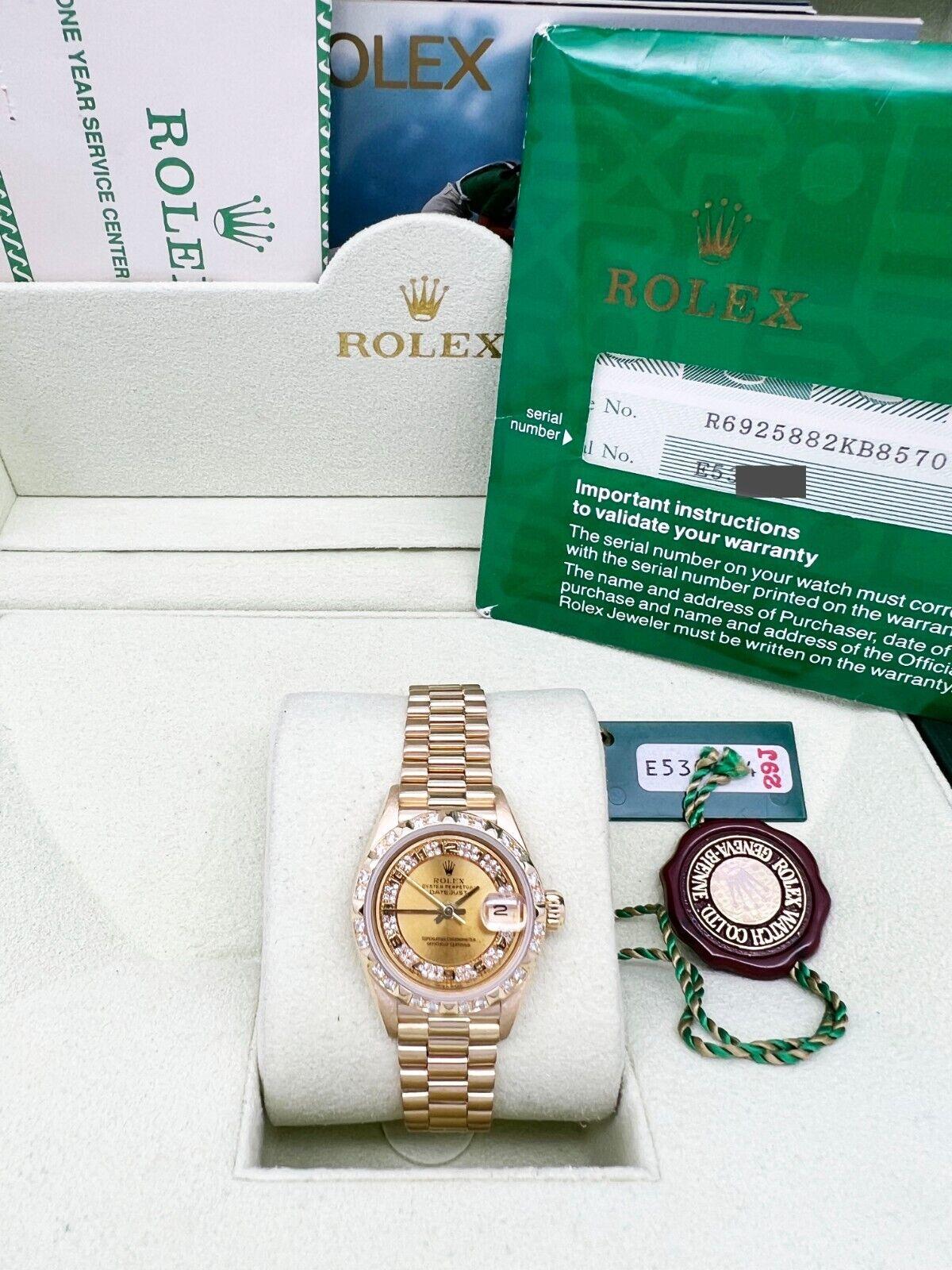 Rolex 69258 Ladies President Diamond Dial Bezel 18K Yellow Gold Box Paper For Sale 4