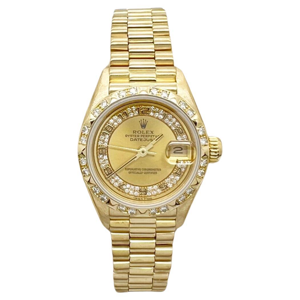 Rolex 69258 Ladies President Diamond Dial Bezel 18K Yellow Gold Box Paper For Sale