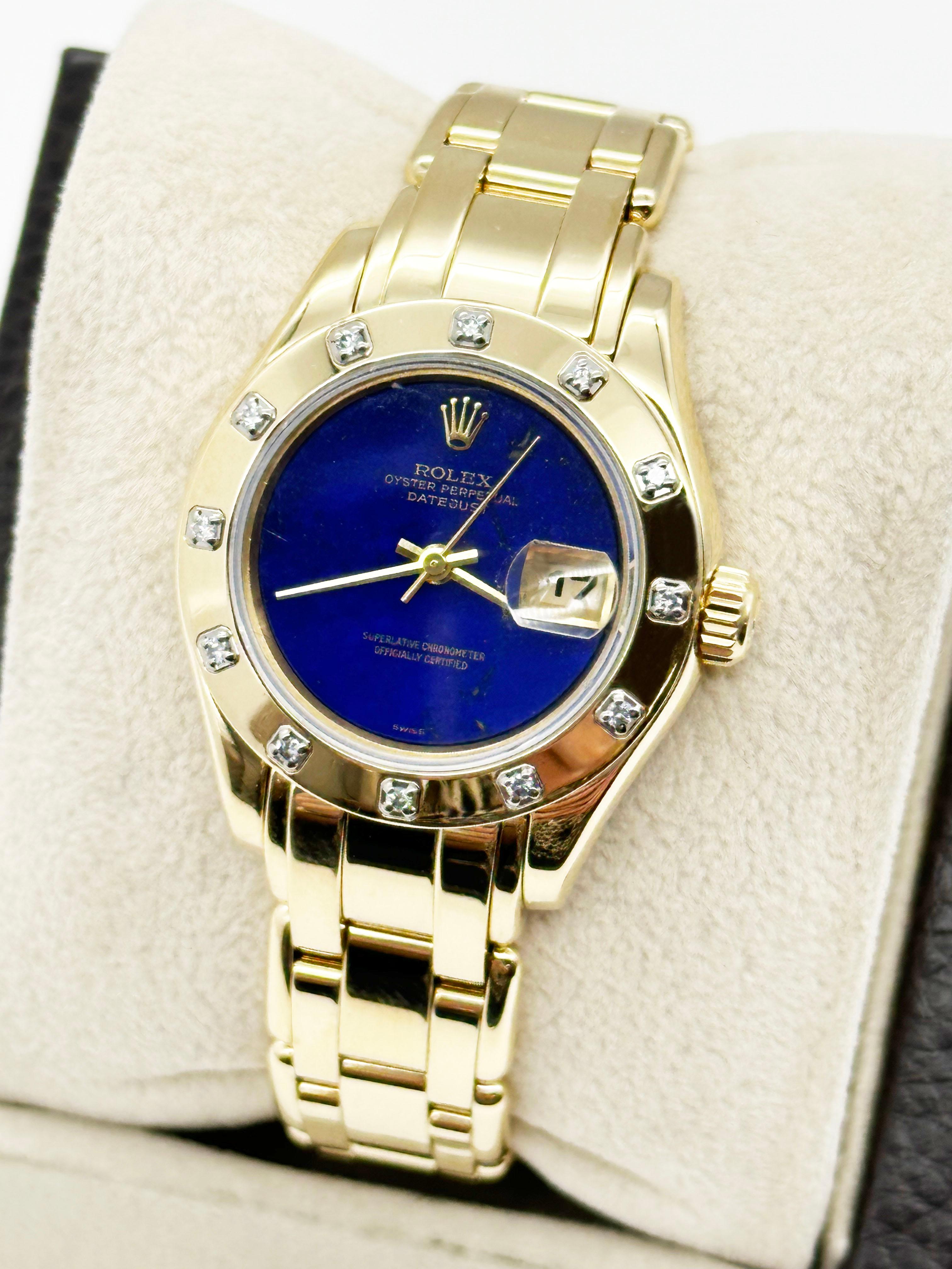 Rolex 69318 Pearlmaster Montre pour femmes très rare avec cadran en or jaune 18 carats et lapis-lazuli Pour femmes en vente