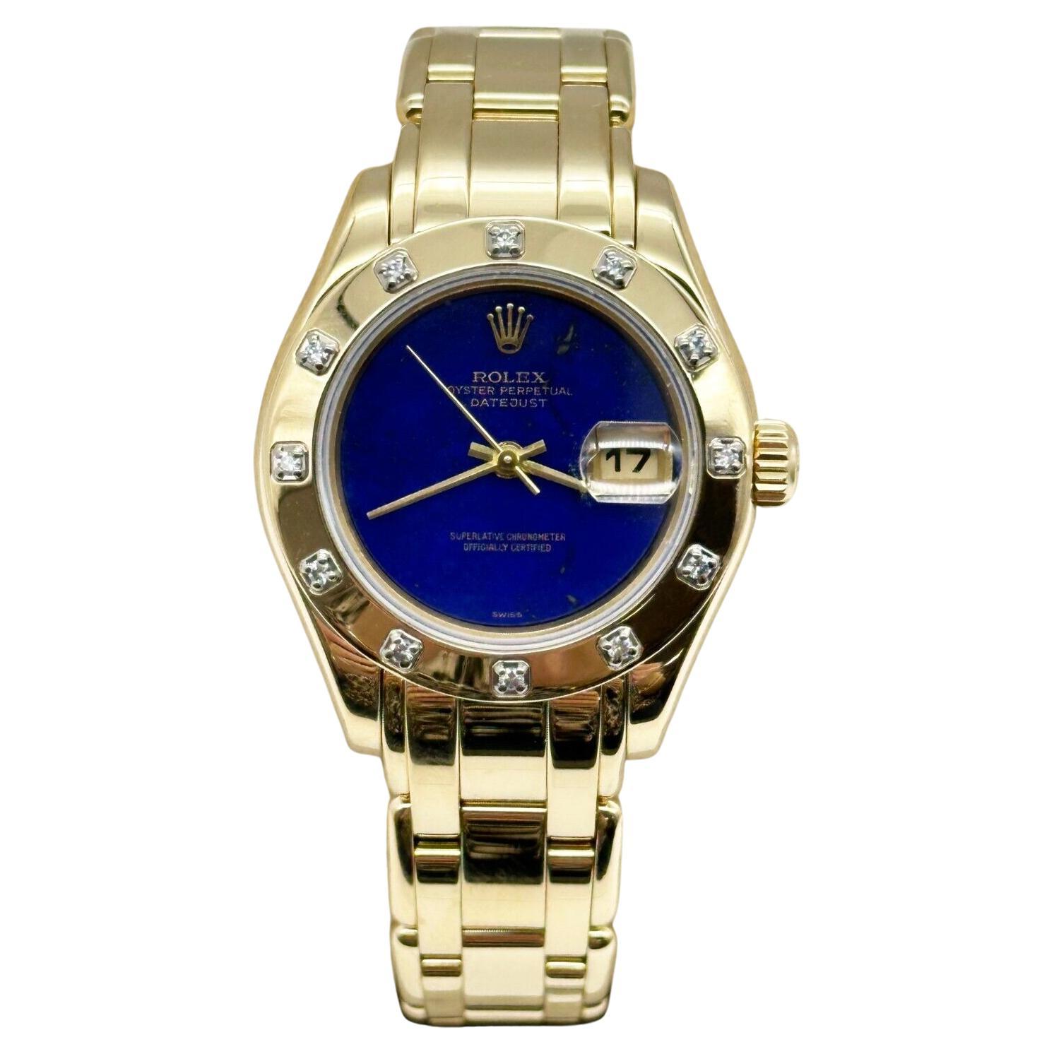 Rolex 69318 Pearlmaster Montre pour femmes très rare avec cadran en or jaune 18 carats et lapis-lazuli en vente