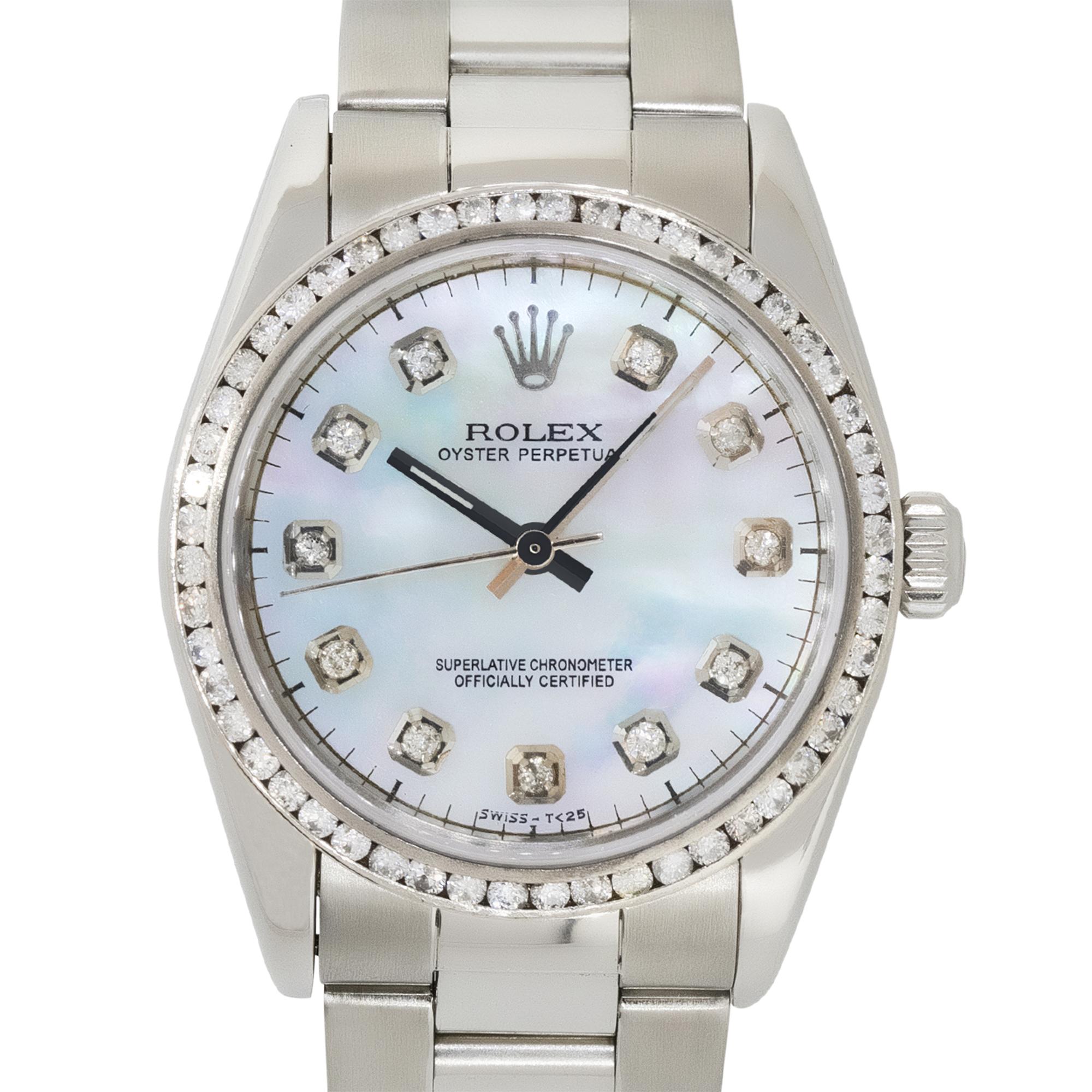 Brand: Rolex
Model: Oyster Perpetual
Reference Number: 77080
Case Measurement: 31 mm
Case Material: Stainless Steel
Dial: Mother of Pearl dial with silver hands and Diamond markers
Bezel: Diamond Bezel
Bracelet: Stainless steel Oyster