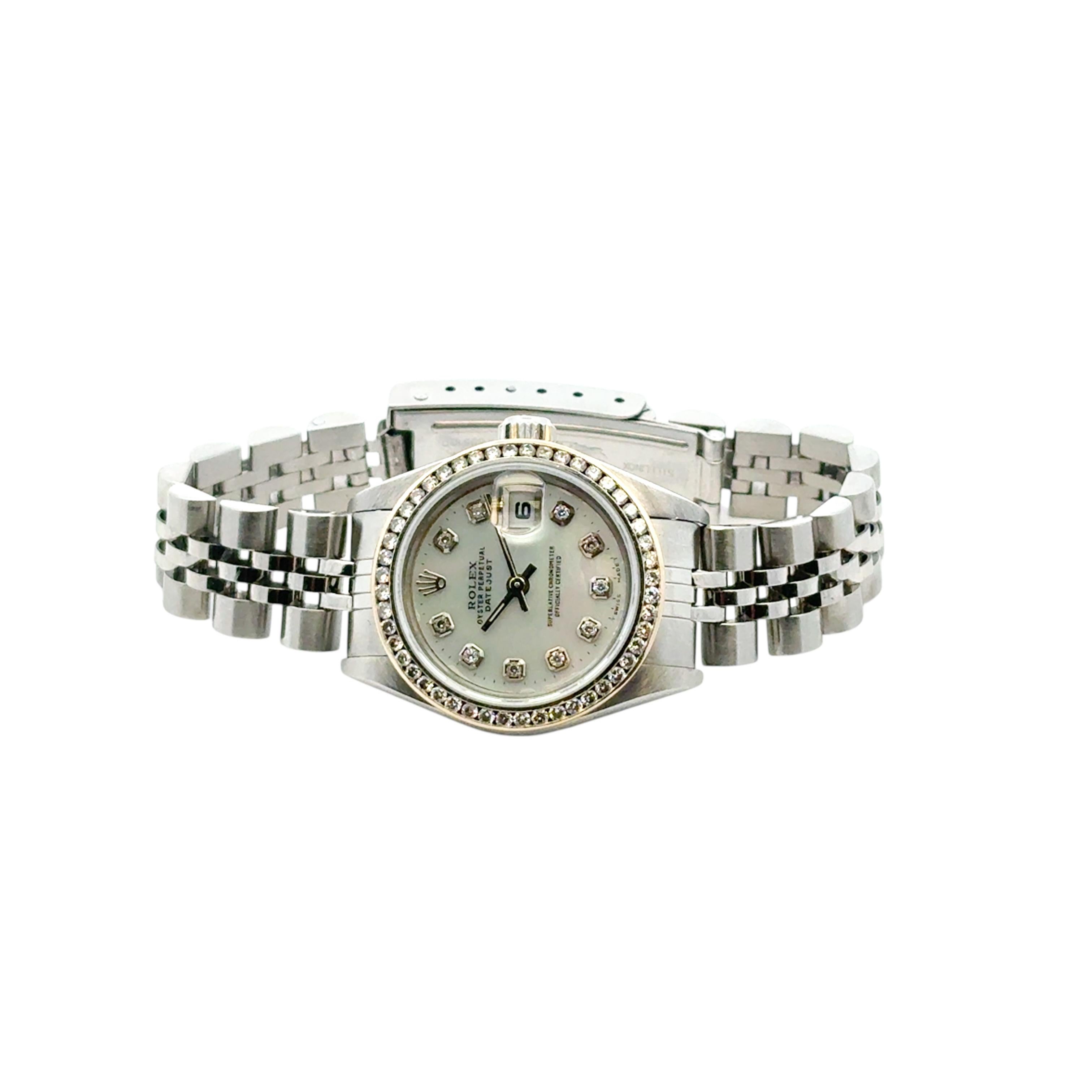 Round Cut Rolex 79160 Datejust 26mm Aftermarket Mother of Pearl Diamond Dial Bezel Watch For Sale