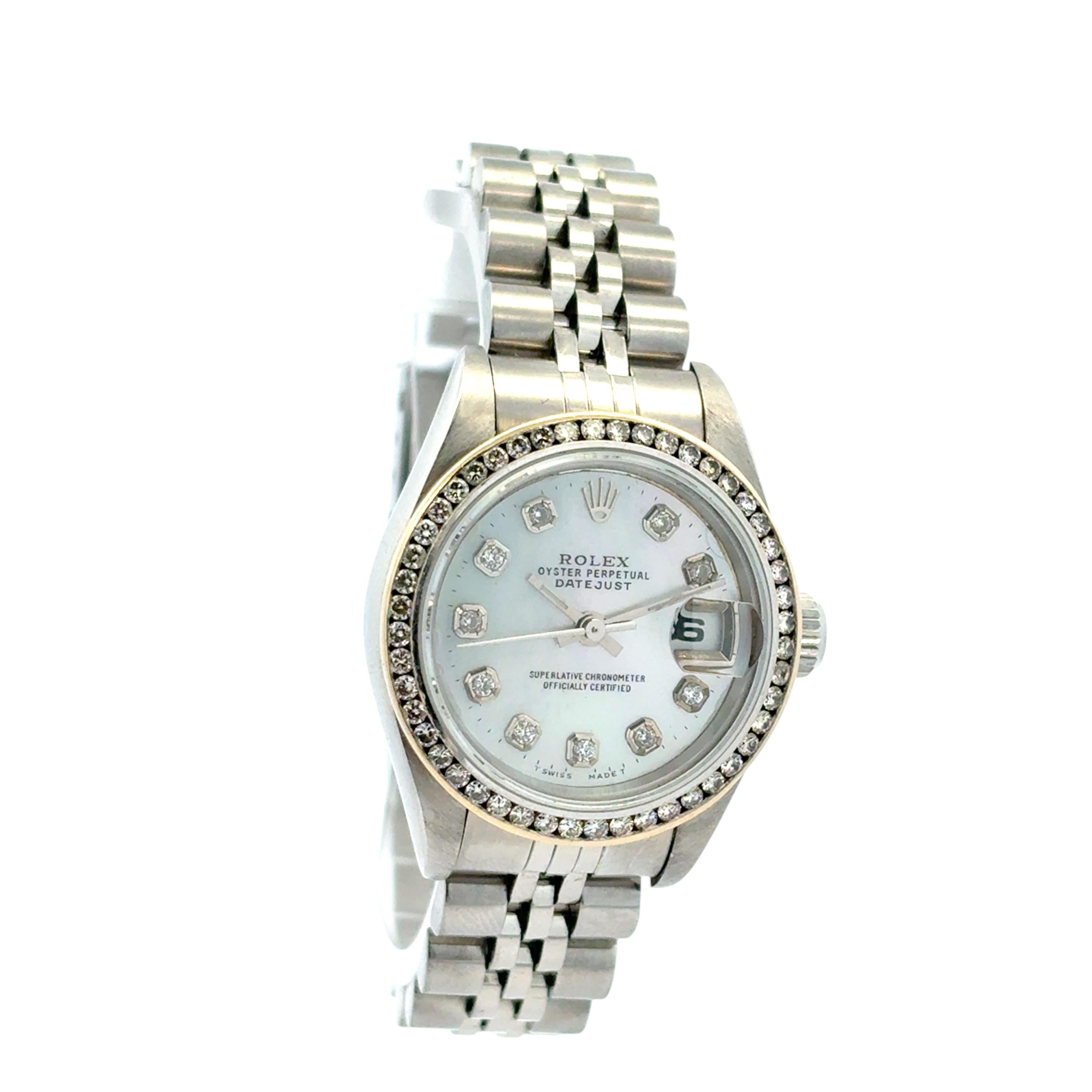 Rolex 79160 Datejust 26mm Aftermarket Mother of Pearl Diamond Dial Bezel Watch In Excellent Condition For Sale In Boca Raton, FL