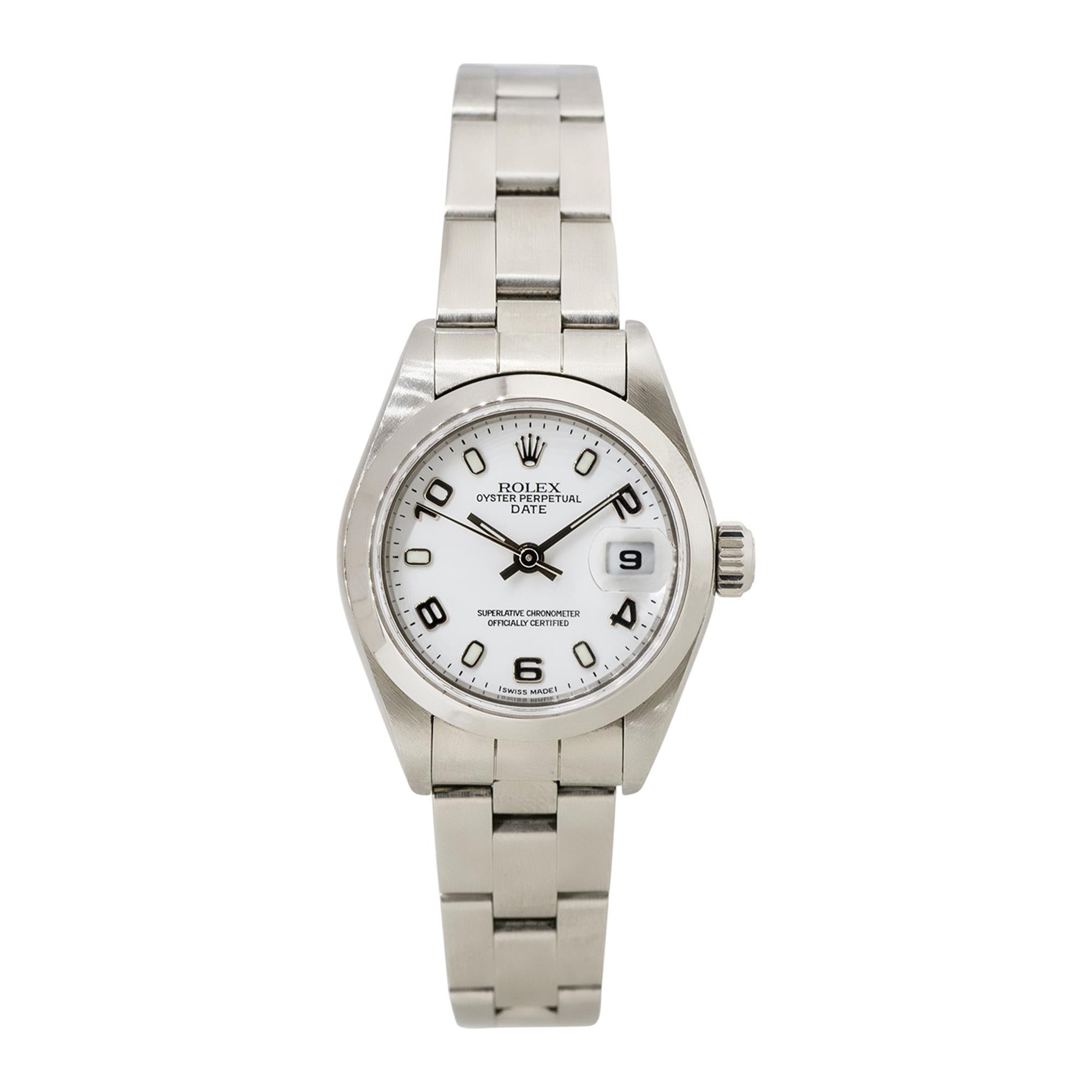 Modern Rolex 79160 Oyster Perpetual Date Stainless Steel White Semi-Arabic Dial Watch For Sale